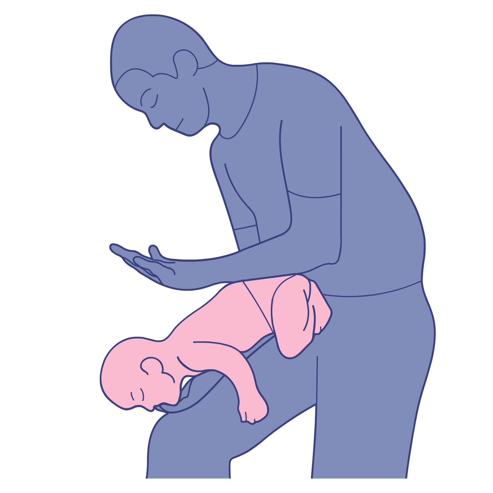 Ilustracja przedstawia mężczyznę udzielającego pierwszej pomocy niemowlęciu. Dziecko leży na brzuchu na prawym przedramieniu mężczyzny. Mężczyzna podpiera swoją rękę, na której leży dziecko na prawym udzie. Mężczyzna trzyma palce prawej ręki w jamie ustnej niemowlęcia, a lewą dłonią uderza w okolicę międzyłopatkową.