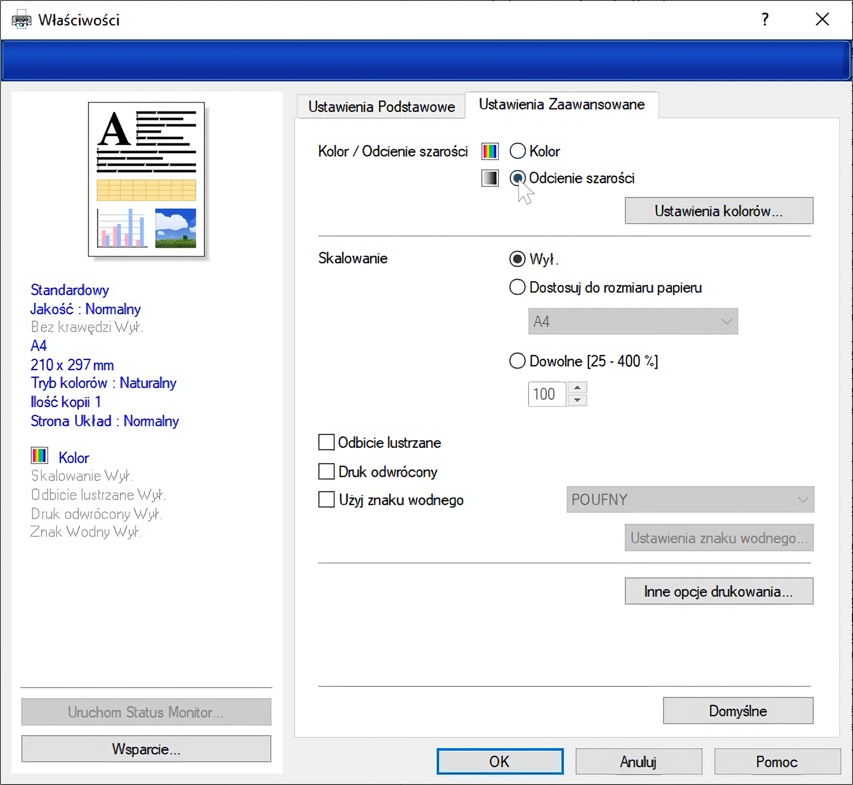 Na zrzucie ekranu Właściwości na dole są przyciski Ok, Anuluj i Pomoc, po lewej stronie jest podgląd wydruku. Po prawej stronie są Ustawienia Zaawansowane i wybrane jest Kolor/Odcienie szarości – Odcienie szarości, Skalowanie – Wyłączone.  Opcje Odbicie lustrzane, Druk odwrócony i Użyj znaku wodnego nie są wybrane. Kursor myszy jest na pozycji odcienie szarości.
