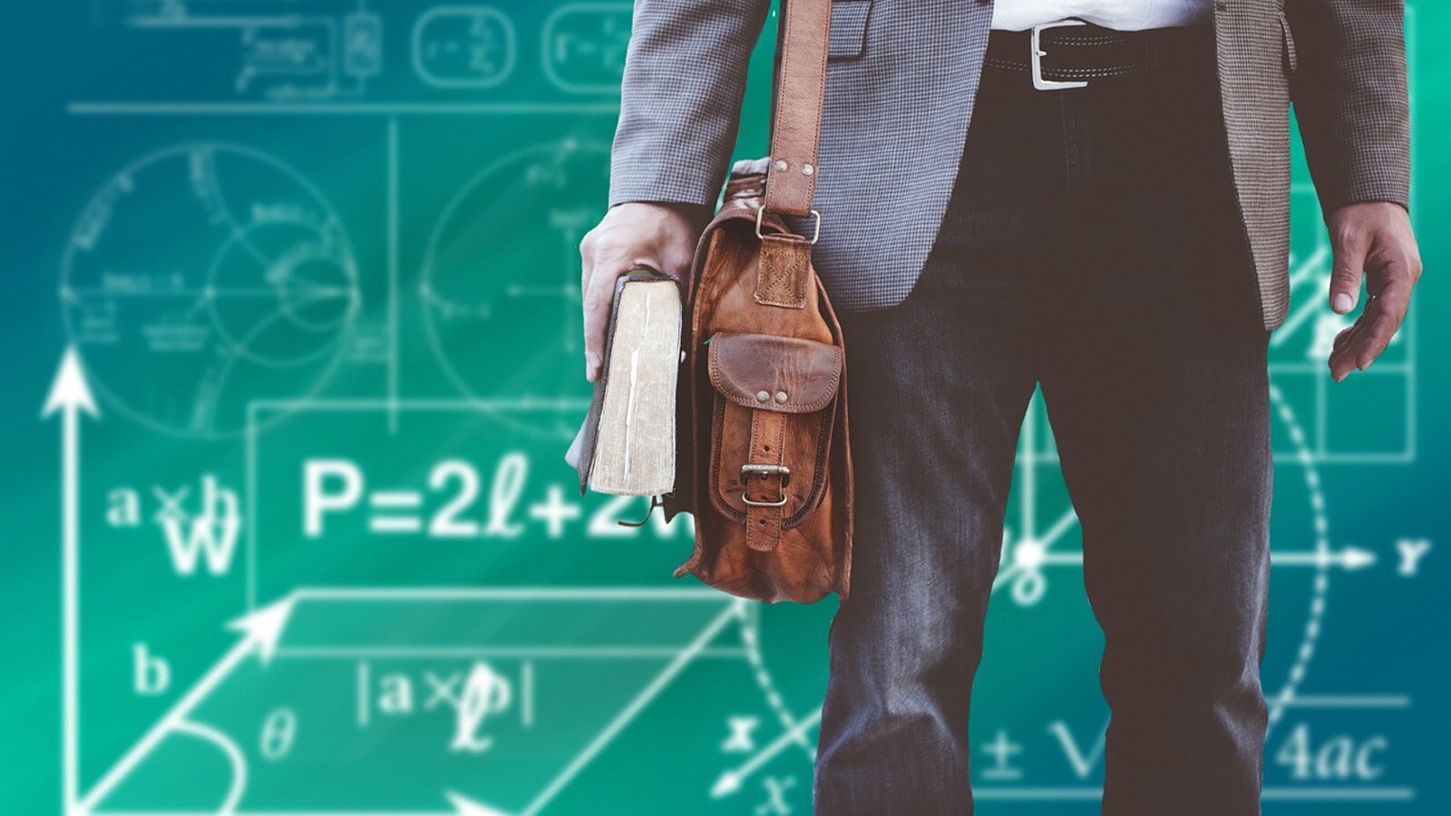 Zdjęcie przedstawia mężczyznę od pasa do kolan, ubranego w jasną koszulę, szarą marynarkę oraz czarne spodnie z paskiem. U jego boku wisi brązowa torba. Mężczyzna obie ręce ma spuszczone wzdłuż ciała, a w prawej dłoni, obok torby, trzyma grubą książkę. W tle za mężczyzną ukazano taflę zielonej, kredowej tablicy, na której są zapisane wykresy i różne wzory matematyczne i fizyczne.