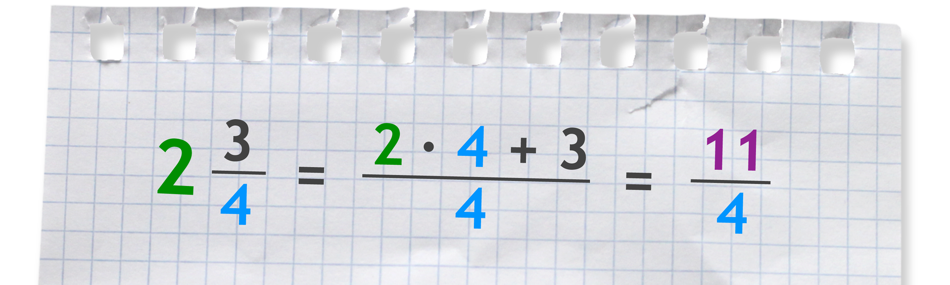 Ilustracja przedstawia przykład: liczba mieszana dwie całe i trzy czwarte równa się ułamek dwa razy cztery plus trzy, mianownik cztery, koniec ułamka równa się jedenaście czwartych. Każda cyfra 2 zaznaczona jest kolorem zielonym, każda cyfra 4 zaznaczona jest kolorem niebieskim, a cyfra 11 zaznaczona jest kolorem fioletowym.
