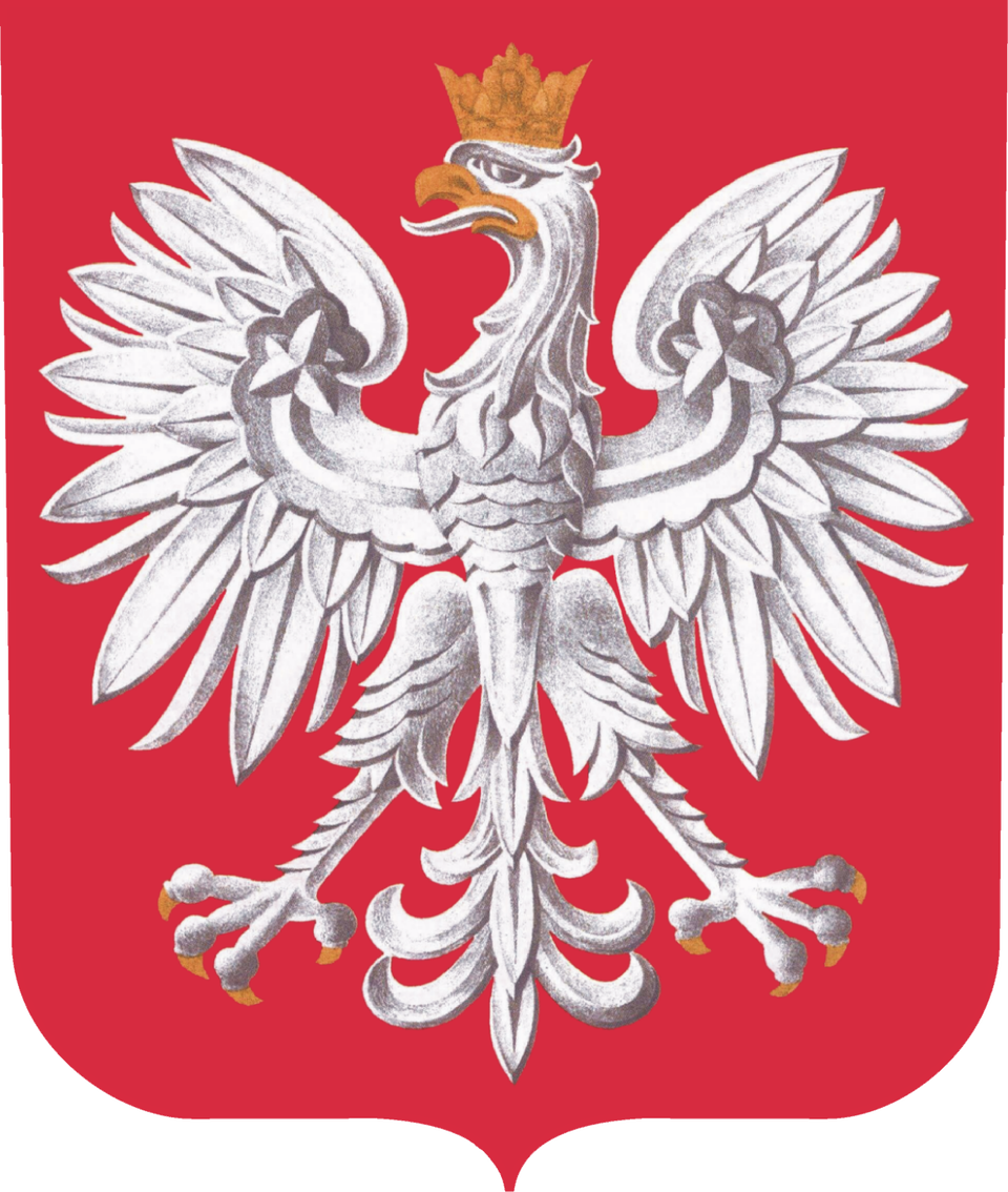 Grafika przedstawia polskie godło. To biały orzeł w koronie na czerwonym tle. Ptak ma głowę odkręconą w swoją prawą stronę.