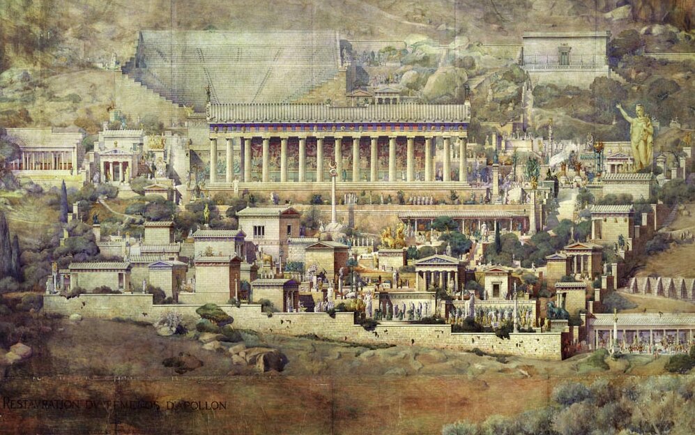 Ilustracja przedstawia panoramę starożytnego miasta. Jest to zabudowane wzgórze ogrodzone murem. Stoją tu liczne budynki ozdobione kolumnami. Są różnej wielkości. Stoją tu rzeźby. Między budynkami rosną cyprysy. Na wyższym piętrze, po prawej stronie stoi okazała pozłacana rzeźba przedstawiająca postać unoszącą prawą rękę. Pośrodku stoi budynek ozdobiony kolumnami. Nad miastem wznosi się okazały amfiteatr.