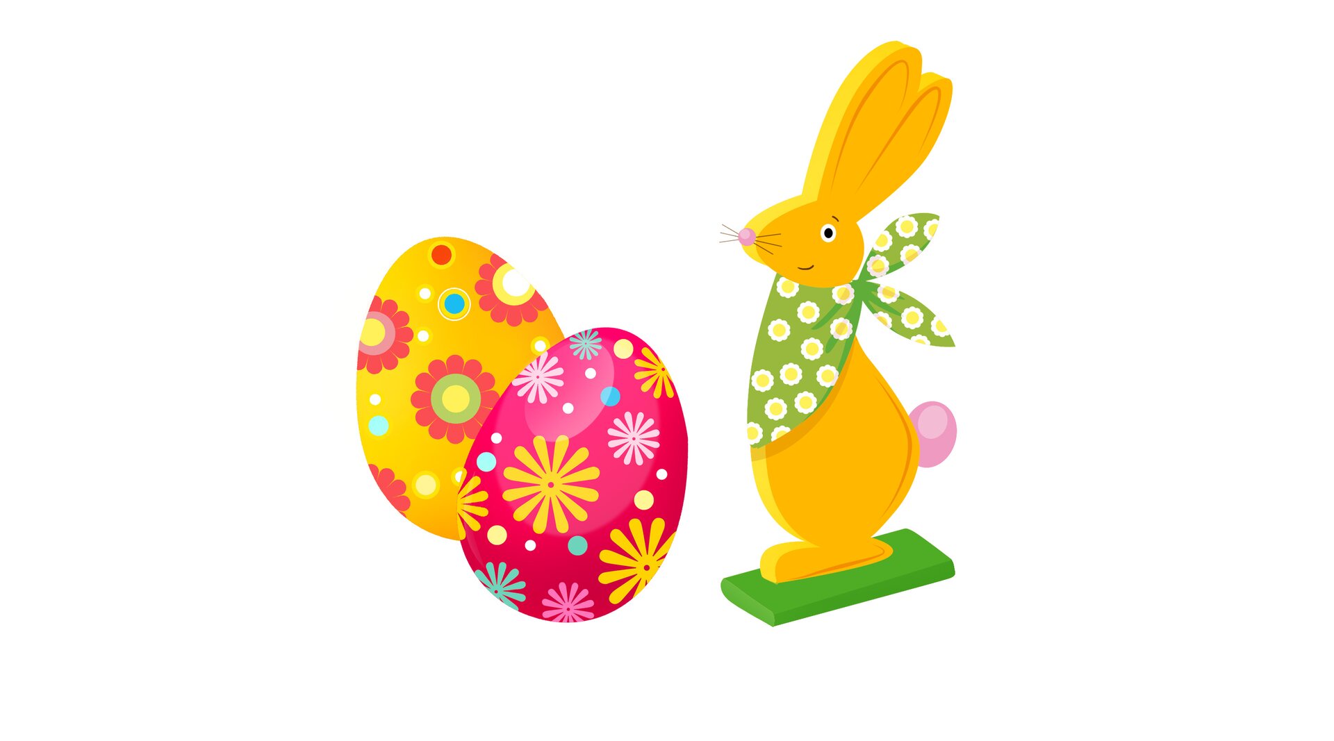 Ilustracja przedstawia figurkę zajączka wielkanocnego oraz dwie kolorowe pisanki.