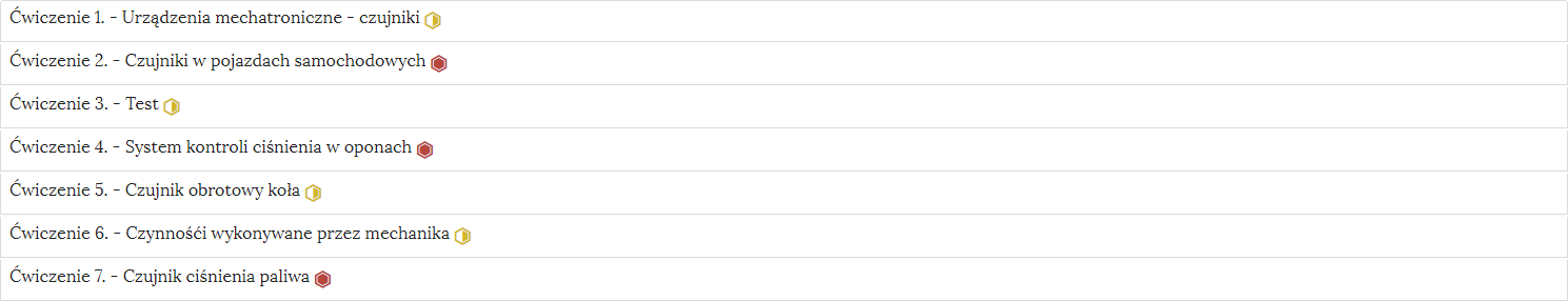 Przykładowy wygląd zakładek zawierających interaktywne materiały sprawdzające w formie listy.