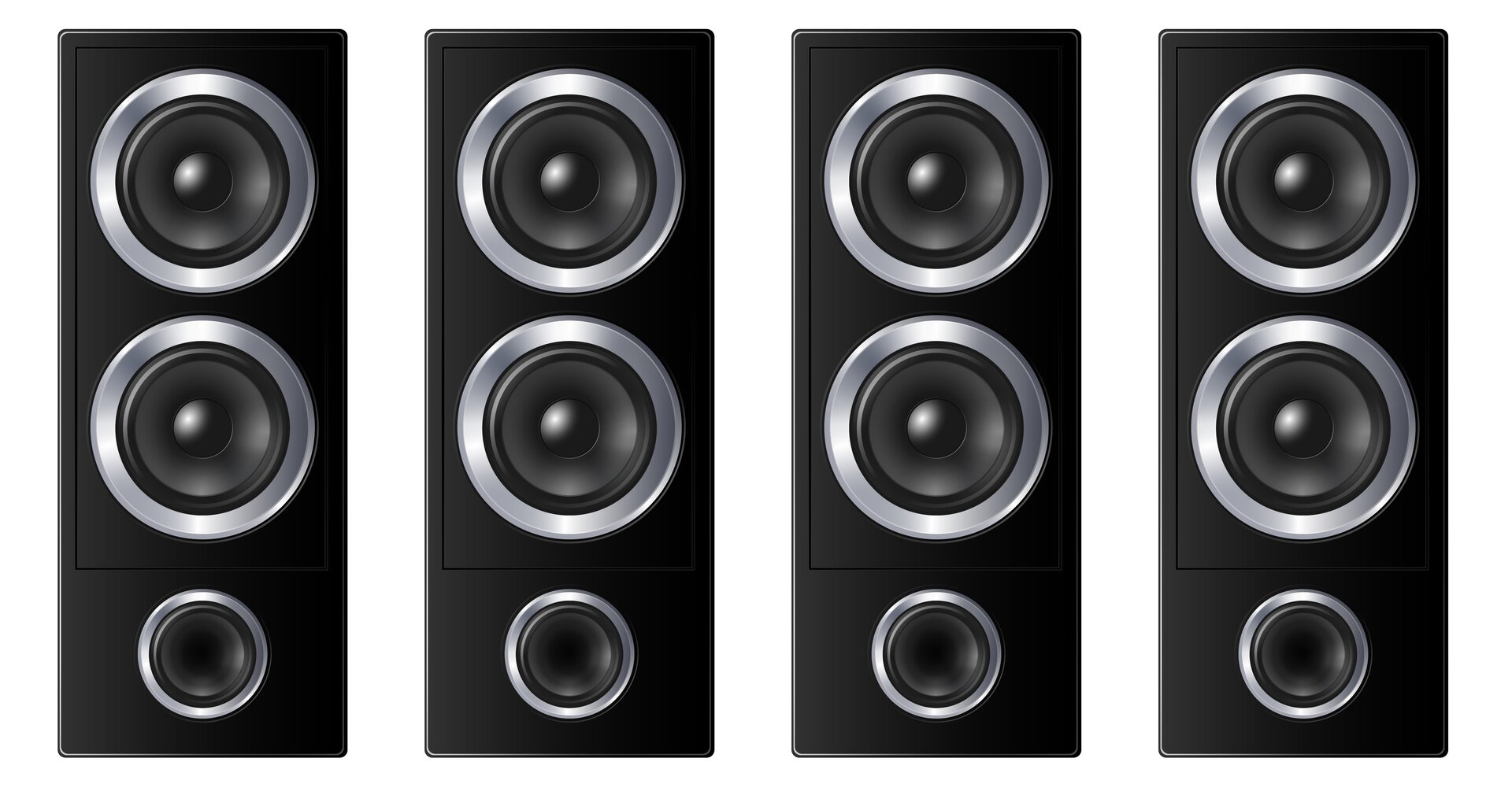 Na zdjęciu widoczne są cztery głośniki kolumnowe w ujęciu frontalnym. Każdy głośnik to czarny prostokąt, w który wpisane są, od góry, dwie okrągłe membrany w srebrnym okręgu oraz okrągły element z kratownicą, w srebrnym okręgu.
