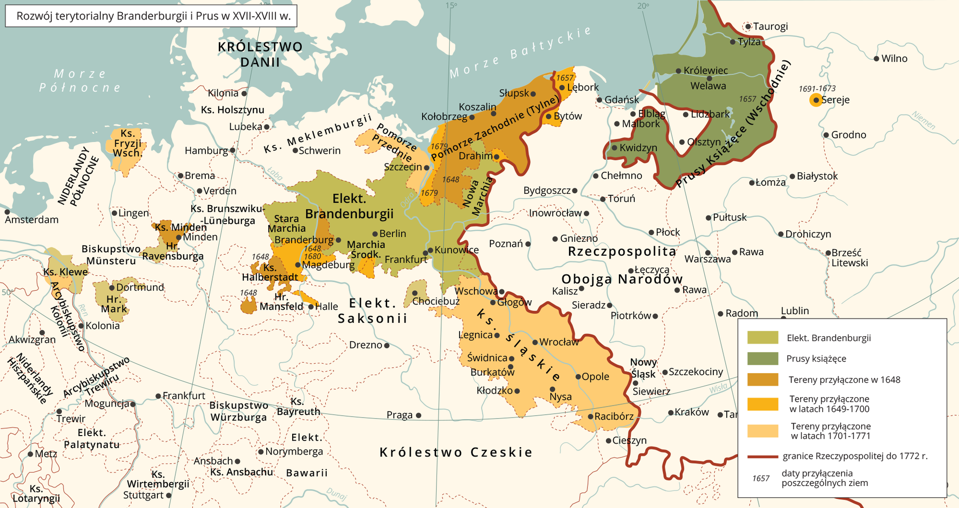 Mapa Europy przedstawiająca rozwój terytorialny Brandenburgii i Prus w XVII–XVIII wieku. Elekt. Brandenburgii obejmuje tereny dzisiejszych środkowych Niemiec z miastami Brandenburg i Niemcy. Prusy Książęce obejmujące tereny dzisiejszą Warmię i Mazury oraz Obwód Kaliningradzki z miastem Królewiec. Tereny przyłączone w 1648 roku obejmujące Pomorze Zachodnie, miasto Minden w środkowych Niemczech i południowe okolice Brandenburgii. Tereny przyłączone w latach 1649–1700 obejmujące południowe okolice Brandenburga oraz zachodnich i wschodnich terenów Pomorza Zachodniego. Tereny przyłączone w latach 1701–1771 obejmujące tereny Śląska, Pomorza Przedniego oraz Fryzji nad Morzem Północnym.