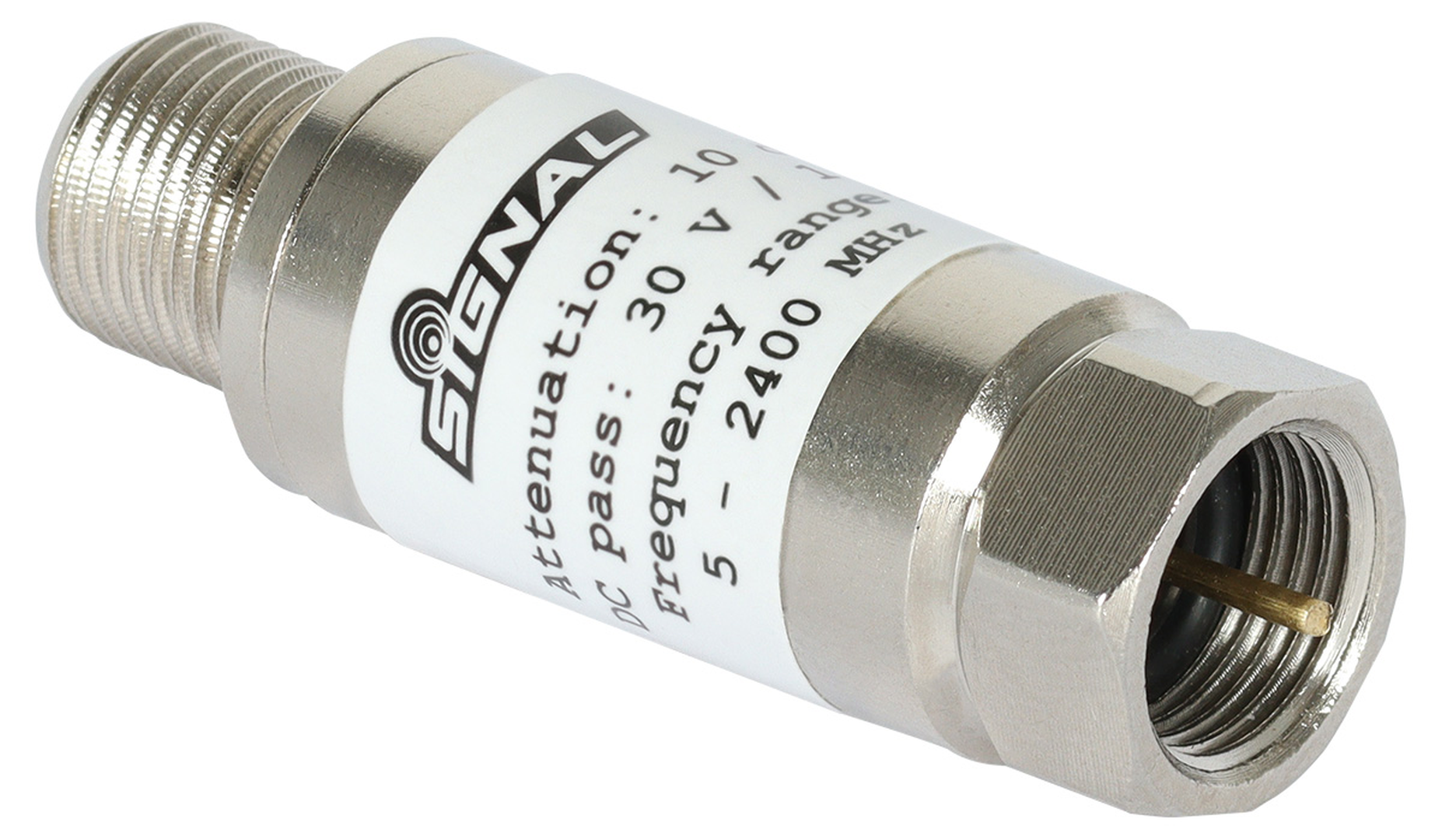 Ilustracja przedstawia tłumik stały RTV‑SAT 10 dB 5‑2400 MHz z przejściem DC. Jest to niewielkie urządzenie tłumiące zakłócenia w sygnale. Korpus ma kształt cylindryczny, wewnątrz widoczne są gwinty, które ułatwiają podłączenie anteny. Na obudowie tłumika znajdują się oznaczenia producenta i parametry tłumienia, mocy i częstotliwości. 