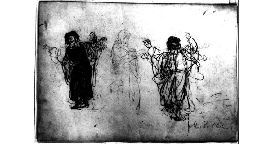 Ilustracja przedstawia szkic. Umieszczono na nim trzy postaci. Są to dwaj mężczyźni ubrani w długie szaty. Postaci mają zakryte głowy. Tańczą. Ukazane są ruchy rąk tańczących. Pośrodku umieszczona jest statyczna podobizna kobiety ubranej w długie szaty. Kobieta ma głowę okrytą chustą.