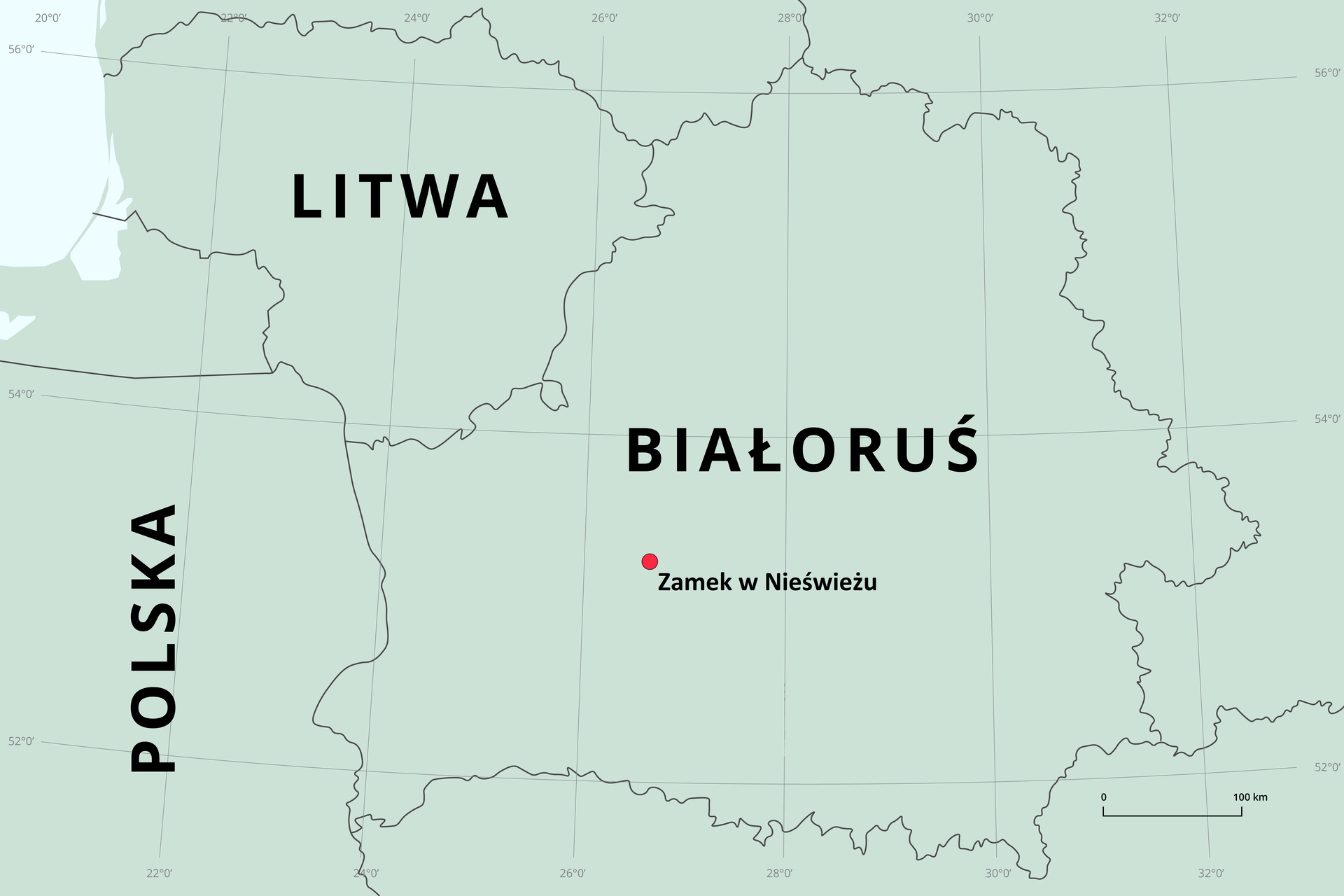 Mapa polityczna przedstawiająca Litwę oraz kraje sąsiadujące – Rosję, Polskę, Białoruś, Łotwę. Lądy oznaczono kolorem jasnozielonym, Morze Bałtyckie nieco jaśniejszym odcieniem koloru zielonego. Granice państw czarnymi liniami. W prawym dolnym rogu pozioma podziałka z odcinkiem oznaczonym jako sto kilometrów. Mapa pokryta siatką południków i równoleżników co dwa stopnie. W centralnej części, na południowy zachód od Mińska czerwoną kropką oznaczono Zamek w Nieświeżu. 