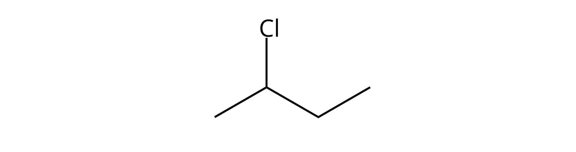 Ilustracja przedstawiająca wzór szkieletowy cząsteczki 2-chlorobutanu zbudowanego z grupy metylowej połączonej z grupą C H, która to podstawiona jest atomem chloru oraz grupą etylową CH2CH3.