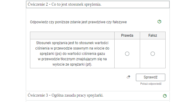 Zdjęcie przedstawia otwartą zakładkę z przykładowym zadaniem. Pod nazwą zakładki znajduje się polecenie. Pod poleceniem widać treść zadania z odpowiedziami do wyboru. Po prawej stronie polecenia widać zielony sześciokąt. Poniżej zadania, po prawej stronie panelu znajduje się ikona sprawdź. Po jej lewej stronie widać symbol gumki. Poniżej przycisku sprawdź znajduje się napis pokaż odpowiedź.