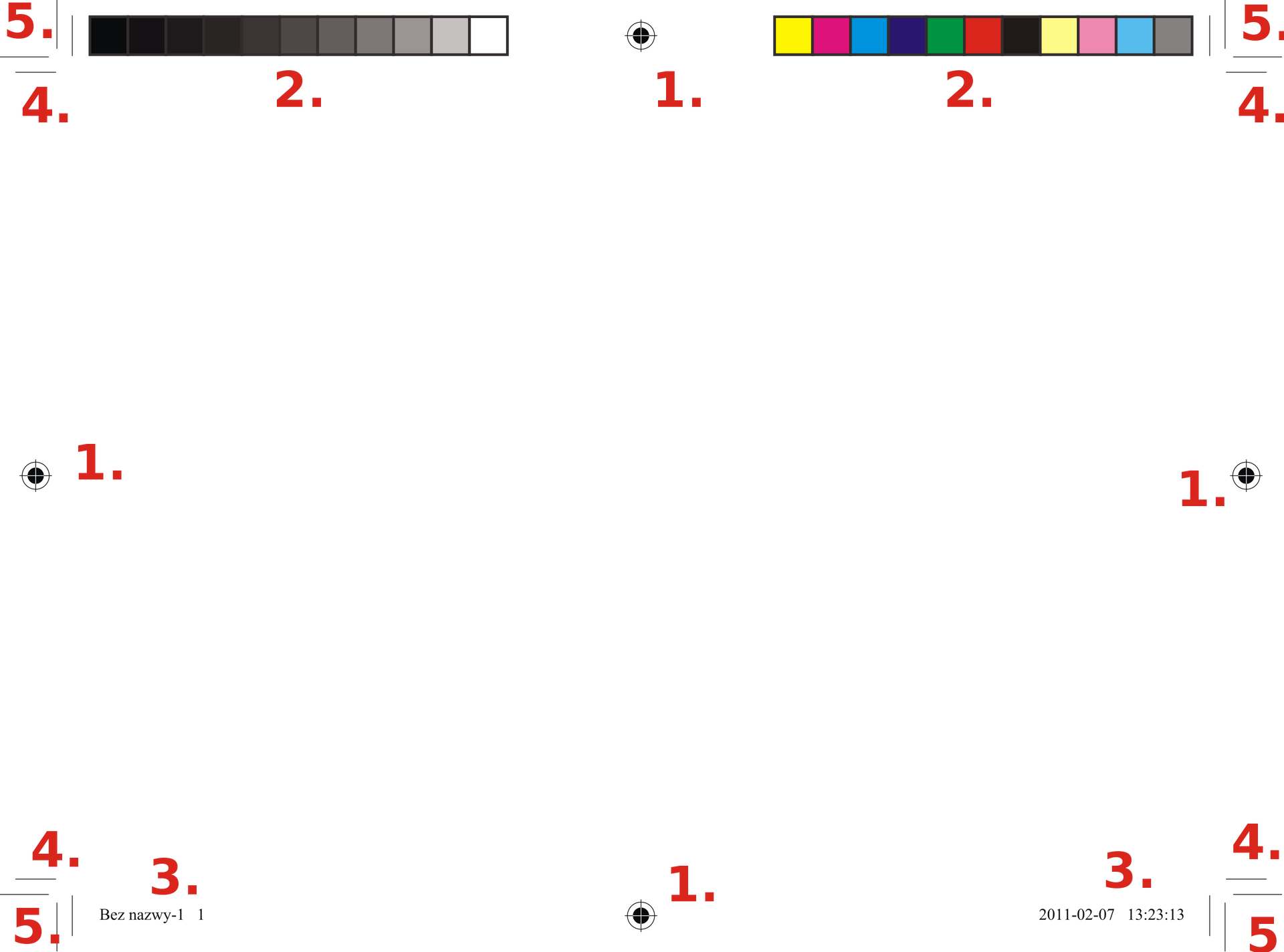 Znaczniki drukarskie na stronie przygotowanej do wydruku w formacie A6 (148x105). Legenda: 1. pasery, 2. paski koloru, 3. informacje o stronie, 4. znaczniki cięcia, 5. znaczniki spadu.
Grafika przedstawia przykładowo wykonane spady drukarskie. Widoczne jest białe pole, przy górnej krawędzi widoczne są dwa prostokąty w poziomie podzielone na kwadraciki – kwadraciki w prostokącie po lewej wypełnione są kolorami w tonacji szarej od czarnego do białego, zaś kwadraciki w prostokącie po lewej wypełnione są różnymi kolorami (żółtym, różowym, niebieskim, zielonym itd.). Widoczne są również punktury i czerwone cyfry umieszczone u góry, po bokach i u dołu. Jest to określenie obszarów, które wychodzą poza krawędzie formatu netto. Spady zaznaczane są na każdej krawędzi i są odcinane w trakcie prac introligatorskich.