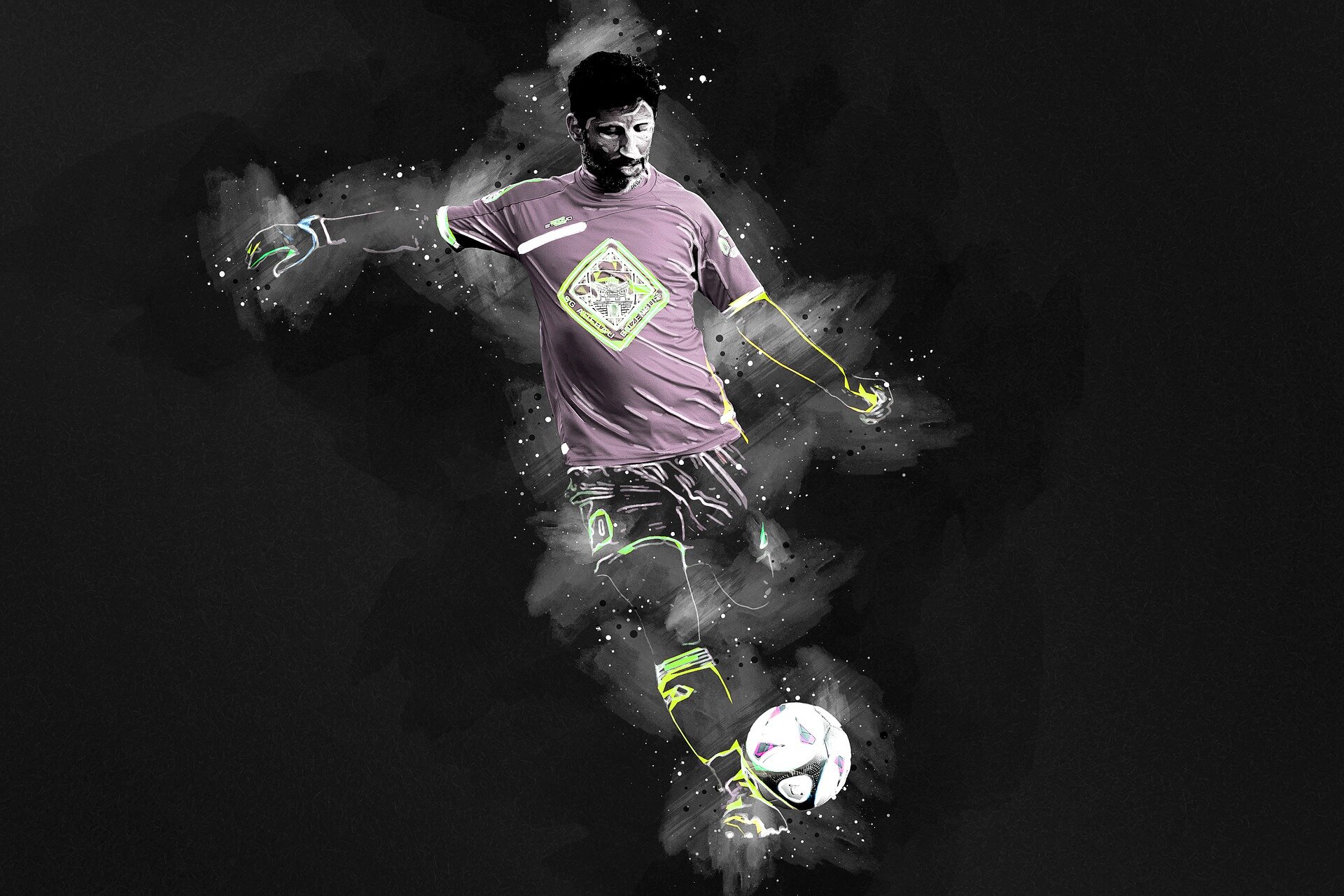 Grafika przedstawia postać piłkarza podczas wymachu lewą nogą w kierunku piłki.