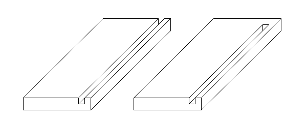 Grafika przedstawia łączenie na pióro i wpust. Widoczne są dwa podłużne elementy, wzdłuż ich krawędzi przebiegają podłużne wgłębienia.