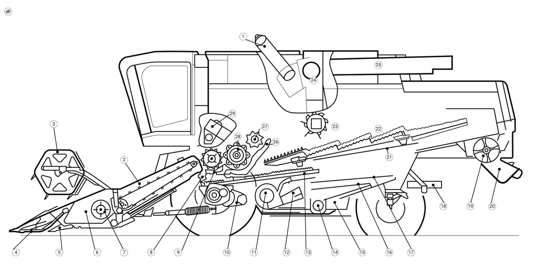 Grafika przedstawia ilustrację interaktywną. Na zdjęciu znajduje się kombajn zbożowy, na którego tle ukazano układy i zespoły go budujące. Poszczególne elementy składowe budowy kombajnu zostały oznaczone wskaźnikami zakończonymi okrągłymi ikonami z umieszczonymi wewnątrz cyframi. Wszystkie ikony mają kolor biały. W lewym górnym rogu ilustracji znajduje się ikona przedstawiająca kółko, wewnątrz którego umieszczono przekreślone oko.