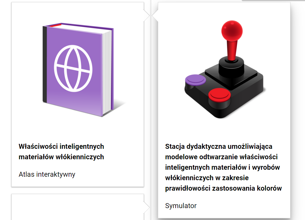 Grafika przedstawia fragment spisu treści, który ma formę prostokątnych ramek, znajdujących się po obu stronach prostej, pionowej linii. Pośrodku lewej ramki rysunek atlasu ze schematyczną grafiką. W dolnej części tytuł: Właściwości inteligentnych materiałów włókienniczych. Atlas interaktywny. Pośrodku prawej ramki znajduje się grafika przedstawiająca dżojstik. W dolnej części tytuł: Stacja dydaktyczna umożliwiająca modelowe odtwarzanie właściwości inteligentnych materiałów i wyrobów włókienniczych w zakresie prawidłowości zastosowania kolorów. Symulator.