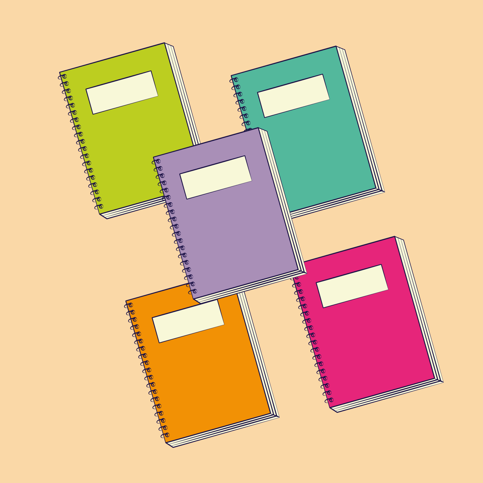 Ilustracja przedstawia pięć zeszytów na sprężynie w różnych kolorach.