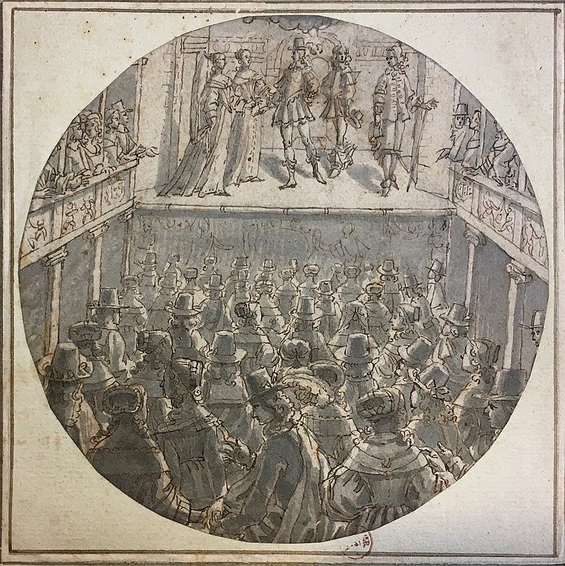 Rysunek przedstawia wnętrze teatru. Na małej scenie znajduje się grupa aktorów. Widzowie są ściśnięty w tłumie przed sceną oraz w lożach po obu stronach.