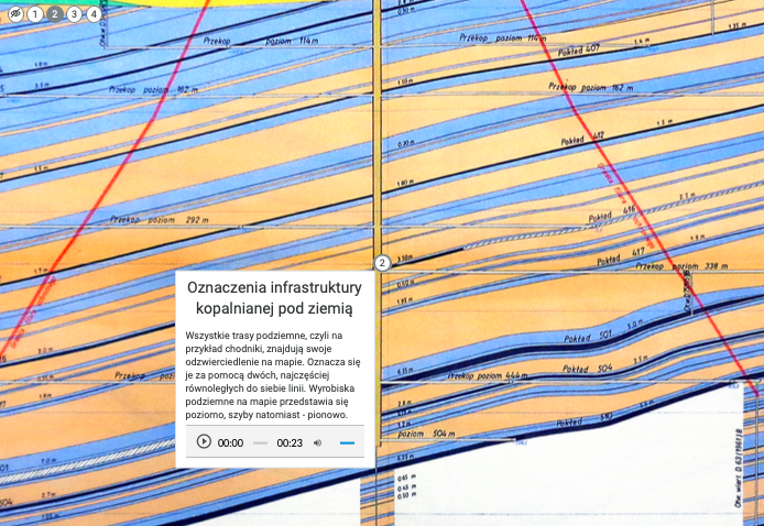 Ilustracja przedstawia infografikę, w której kliknięto na znacznik 2. Po tej czynności pojawiła się ramka z tekstem zawierającym tytuł ,,Oznaczenia infrastruktury kopalnianej pod ziemią'' i wyjaśnienie ,,Wszystkie trasy podziemne, czyli na przykład chodniki, znajdują swoje odzwierciedlenie na mapie. Oznacza się je za pomocą dwóch, najczęściej równoległych do siebie linii. Wyrobiska podziemne na mapie przedstawia się poziomo, szyby natomiast - pionowo''. Ikona przekreślonego oka znajdująca się w lewym górnym rogu grafiki umożliwia wyłączenie widoku znaczników.
