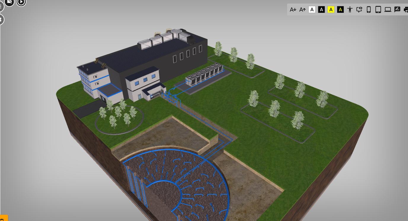 Ilustracja przedstawia widok wizualizacji trzy de magazynu enrgii. U góry po lewej stronie znajdują się ikonki funkcyjne.