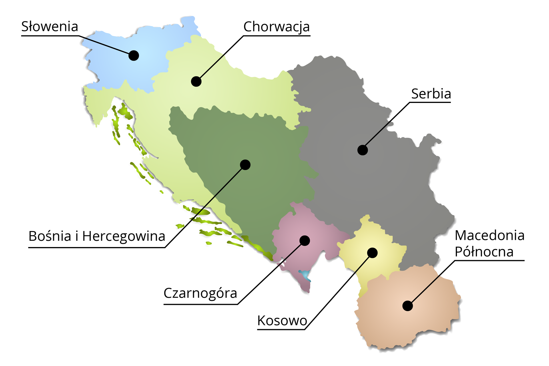 Mapa przedstawia część Europy, na której widnieje: Słowenia zaznaczona na błękitny kolor, Chorwacja – na jasnozielony, Bośnia i Hercegowina na ciemnozielony, Serbia na szary, Czarnogóra na różowy, Kosowo na żółty, Macedonia na beżowy. 