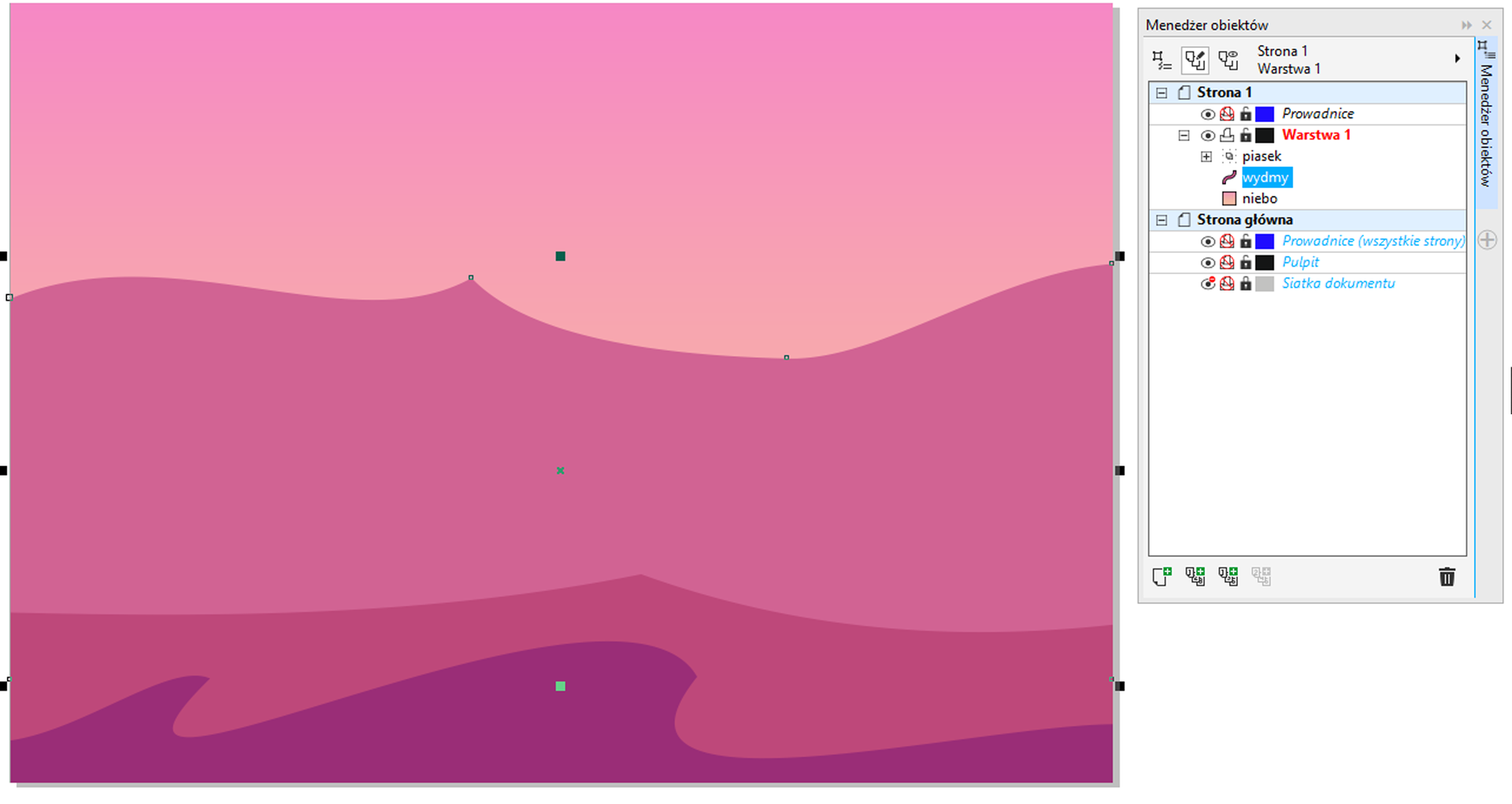Zdjęcie przedstawia "Menedżer obiektów" po prawej stronie: okno po prawej: "Strona 1" (rozwinięte):   "Prowadnice",   na czerwono "Warstwa 1" (rozwinięte):     "pasek" (zwinięte menu)     "wydmy" (oznaczono),     "niebo";     (koniec menu "Warstwa 1"),   (koniec menu "Prowadnice"), (koniec menu "Strona 1") "Strona główna" (rozwinięte):   "Prowadnice (wszystkie strony)",   "Pulpit",   "Siatka dokumentu", (koniec menu "Strona główna"). Gradient kolorów od pomarańczowego do różowego, idący od dołu ku górze w tle. Na gradiencie ułożono kształty:   1 kształt jest ciemniejszy przypomina opadające fale morskie,   2 kształt jest lekko jaśniejszy, lecz nadal ciemniejszy od tła,     jest to prosta linia na górze, która wznosi się do pojedynczego wierzchołka znajdującego się po środku ekranu, następnie opada tak samo jak wzrostła.   3 kształt to wielki falujący górną krawędzią obszar,     którego dolne krawędzie to 3 ścianki prostokąta.     Obszar umieszono pod poprzednimi.