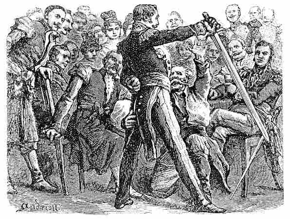 Na pierwszym planie rysunku widoczny jest mężczyzna z mieczem w ręku. Przed nim przyklęka starszy człowiek. W tle znajduje się tłum mężczyzn. 