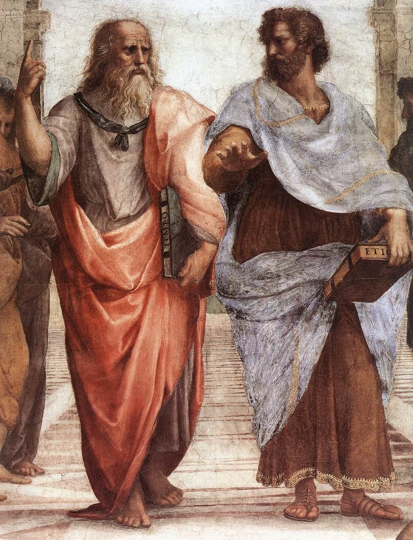 Obraz przedstawia dwóch mężczyzn w togach. Trzymają książki. Mężczyzna po lewej jest starszy, ma długą, siwą brodę oraz półdługie włosy po bokach z łysiejącym czubkiem głowy. Mężczyzna po prawej jest młodszy, ma ciemną, gęstą brodę oraz krótkie włosy.