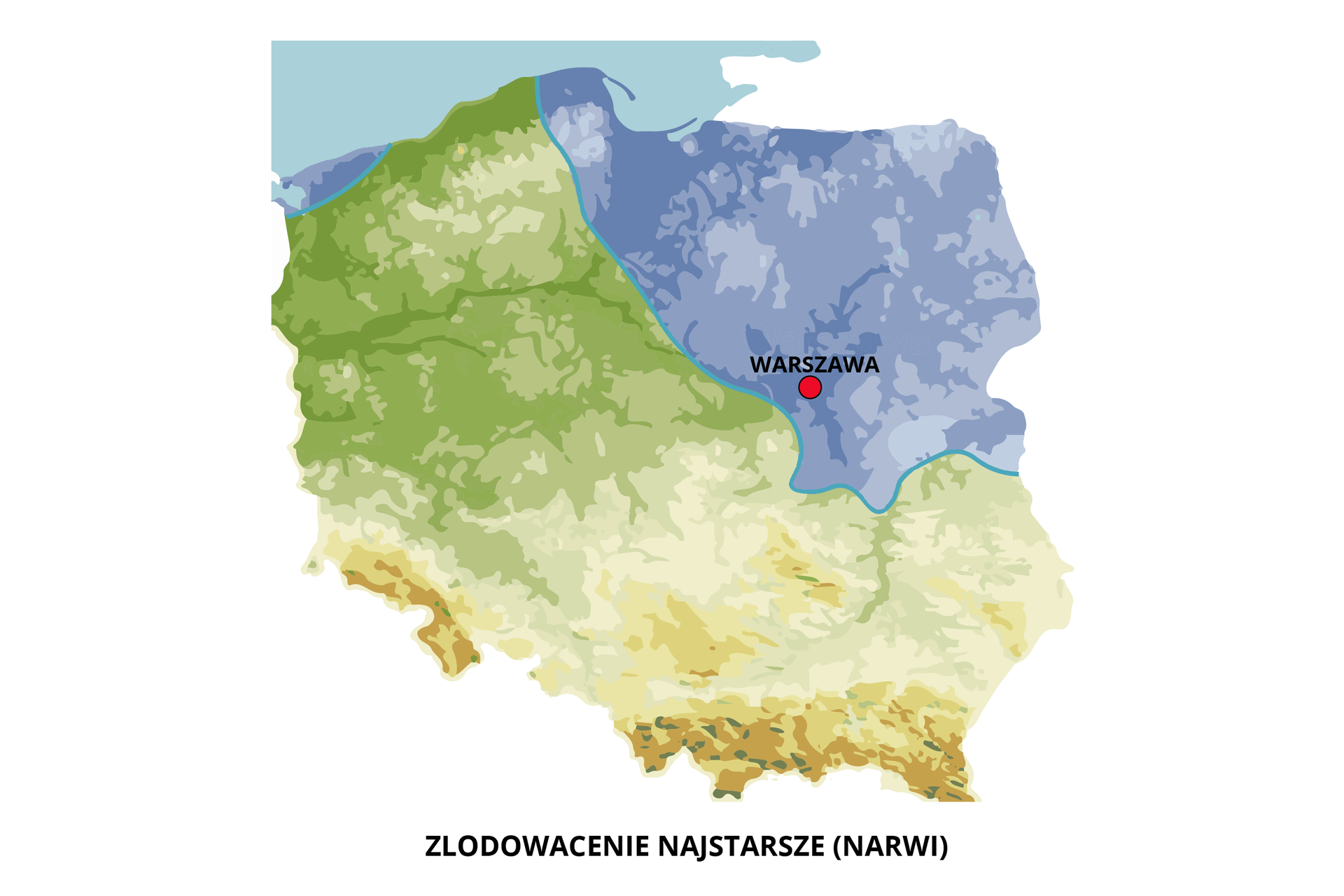 Mapa przedstawia zasięg lądolodu zlodowacenia najstarszego, północno wschodniego (Narwi) w Polsce. Obejmował on północno‑wschodnią część Polski, łącznie z Warszawą.