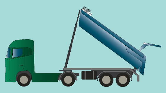 Ilustracja przedstawia grafikę zielonego ciągnika z przyczepą typu wywrotka. Przyczepa jest podniesiona na siłowniku hydraulicznym. Klapa przyczepy jest otwarta. Przyczepa jest koloru jasno niebieskiego.