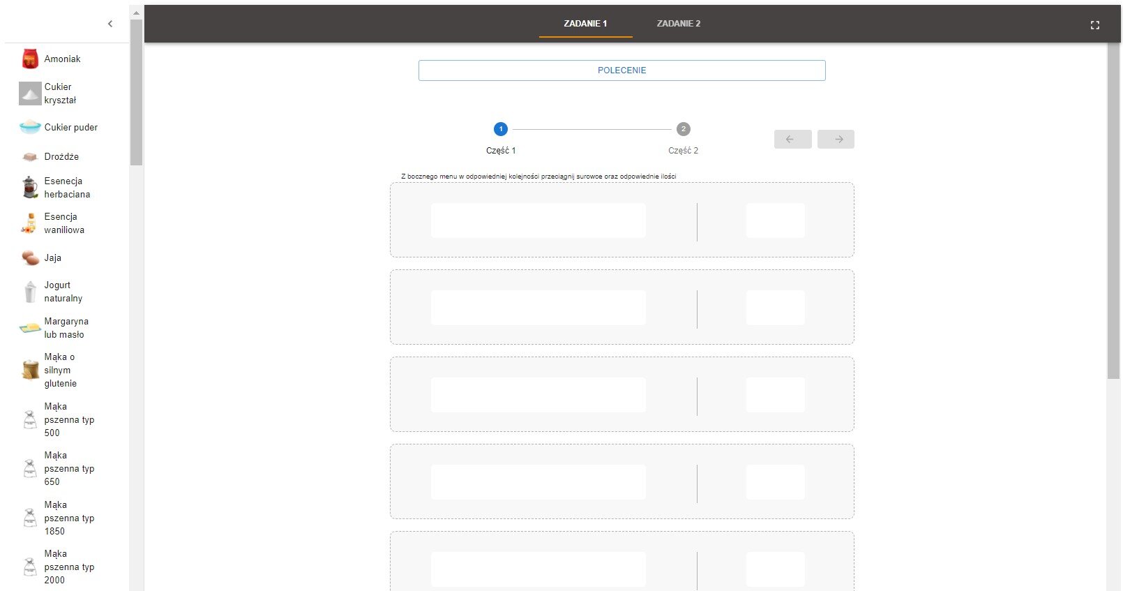 Grafika przedstawia przykładowy widok programu ćwiczeniowego zatytułowanego Dobieranie surowców i ich ilości do produkcji ciasta drożdżowego. Po lewej stronie widoczny jest panel wyboru (biblioteka), u góry widoczny jest czarny pasek z menu z zadaniami, pośrodku widoczne jest okno robocze z przykładowym zadaniem.