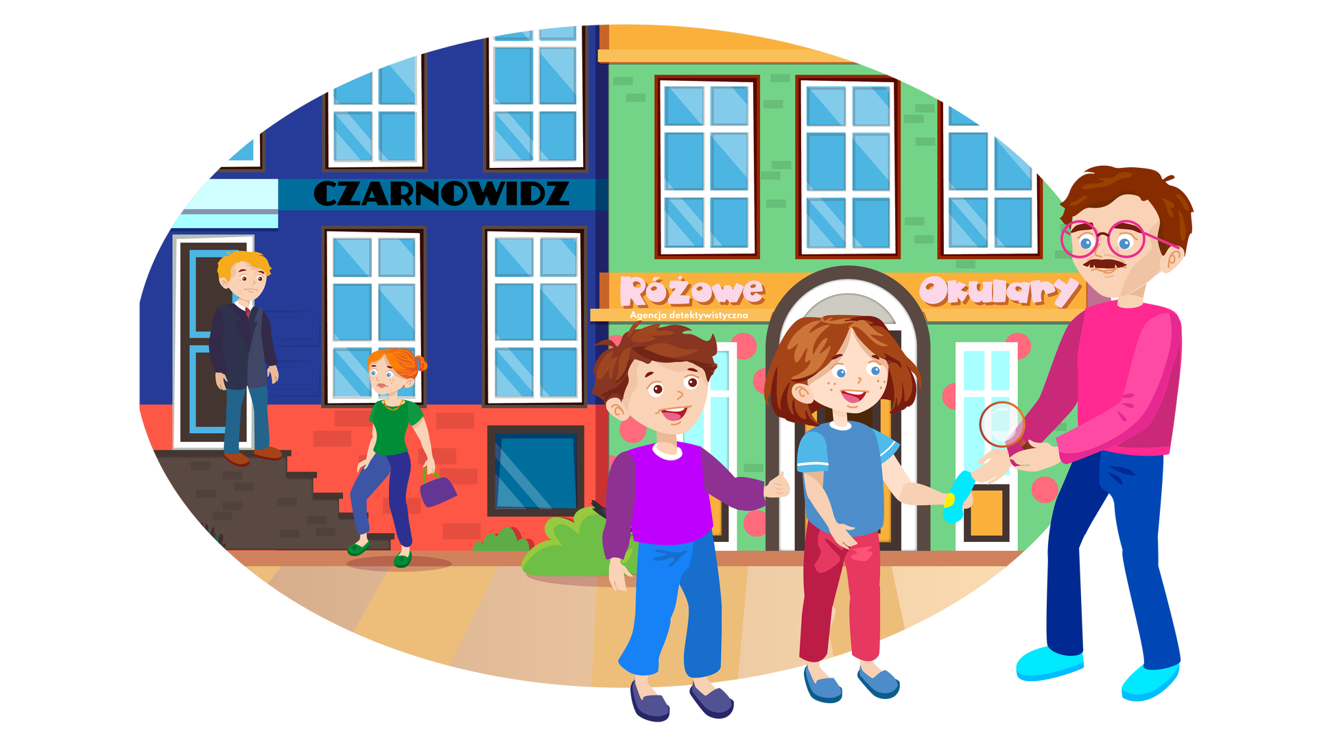 Ilustracja przedstawia miasto. W tle widać rząd kolorowych kamieniczek. Pierwsza od lewej jest granatowo‑czerwona, prowadzą do niej ciemnobrązowe schody, na szczycie których stoi blondwłosy mężczyzna. Jest ubrany w białą koszulę z kołnierzykiem, czerwony krawat, czarną marynarkę, ciemnoniebieskie spodnie i brązowe buty. Patrzy na wchodzącą po schodach mamę Franka i Mai. Kobieta jest ubrana w ciemnozieloną bluzkę z krótkimi rękawami, długie granatowe spodnie i zielone buty. Na szyi nosi naszyjnik, a w lewej dłoni trzyma niewielką ciemnofioletową torebkę z zieloną rączką. Nad wejściem do kamienicy znajduje się szyld z czarnym napisem: „Czarnowidz”. Druga kamienica jest zielono‑pomarańczowa. Nad jej drzwiami wejściowymi znajduje się szyld z jasnoróżowym napisem: „Różowe Okulary”. Niżej jest mniejszy, biały napis: „Agencja detektywistyczna”. Przed budynkami rosną pojedyncze niskie krzewy. Na pierwszym planie, po prawej stronie, stoi mężczyzna o ciemnobrązowych włosach i wąsach. Jest ubrany w ciemnoróżowy sweter z długimi rękawami, długie granatowe spodnie i błękitne buty. Na nosie ma okrągłe ciemnoróżowe okulary. Patrzy na stojących przed nim brązowowłosego chłopca i Maję. Dzieci spoglądają na niego i szeroko się uśmiechają. Chłopiec jest ubrany w fioletową bluzę z długimi rękawami, długie ciemnoniebieskie spodnie i granatowe buty. Maja jest ubrana w niebieską koszulkę z krótkimi jasnoniebieskimi rękawami, długie ciemnoróżowe spodnie i ciemnoniebieskie buty. W lewej dłoni trzyma żółto‑błękitną skarpetkę, którą wręczył jej mężczyzna.