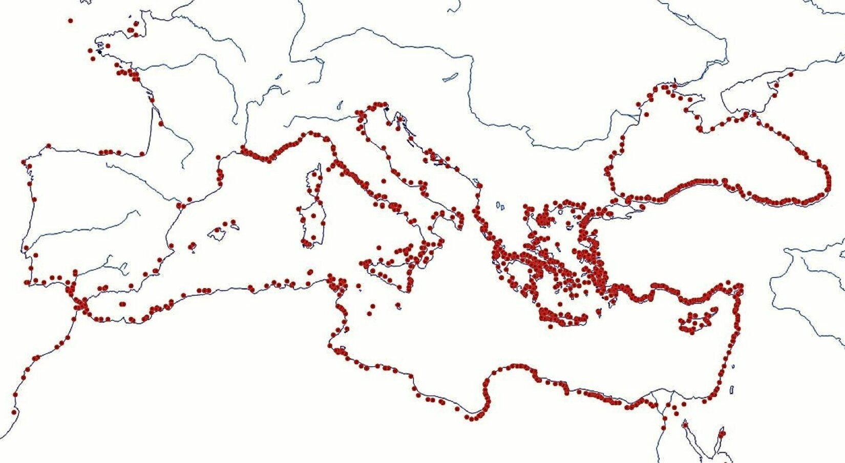 Ilustracja przedstawia fragment mapy konturowej obecnej Europy, Afryki północnej i Azji Mniejszej z basenem Morza Śródziemnego oraz Oceanu Atlantyckiego. Na mapie umieszczono czerwone kropki oznaczające położenie starożytnych portów morskich na wybrzeżach Europy i Afryki Północnej i Azji Mniejszej.