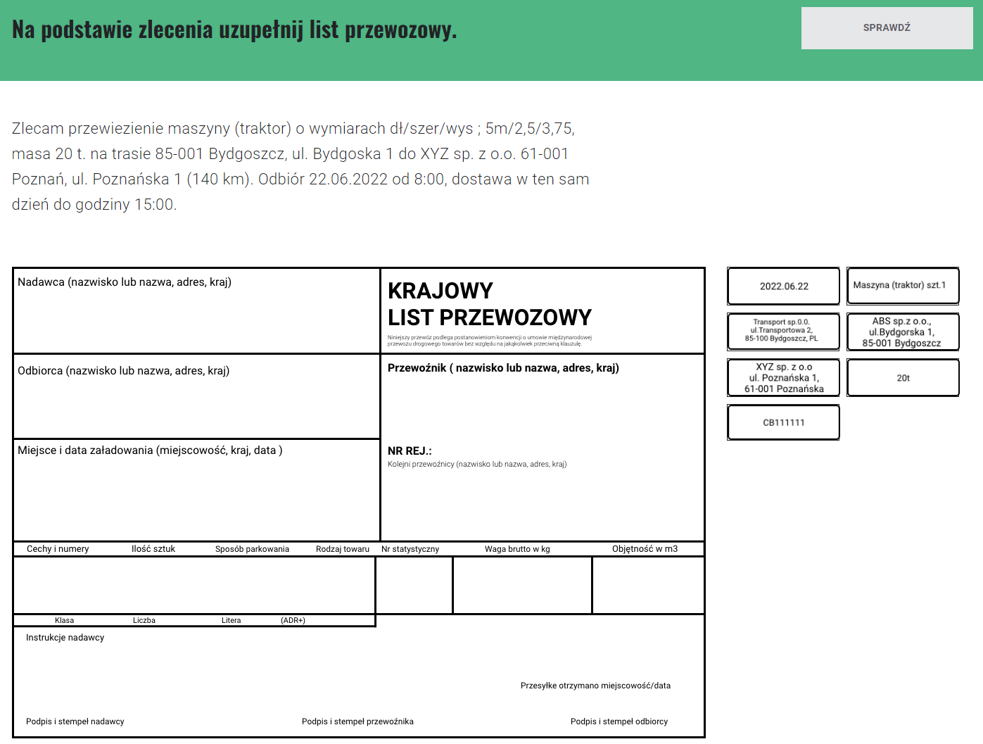 Ekran z przykładowym zadaniem