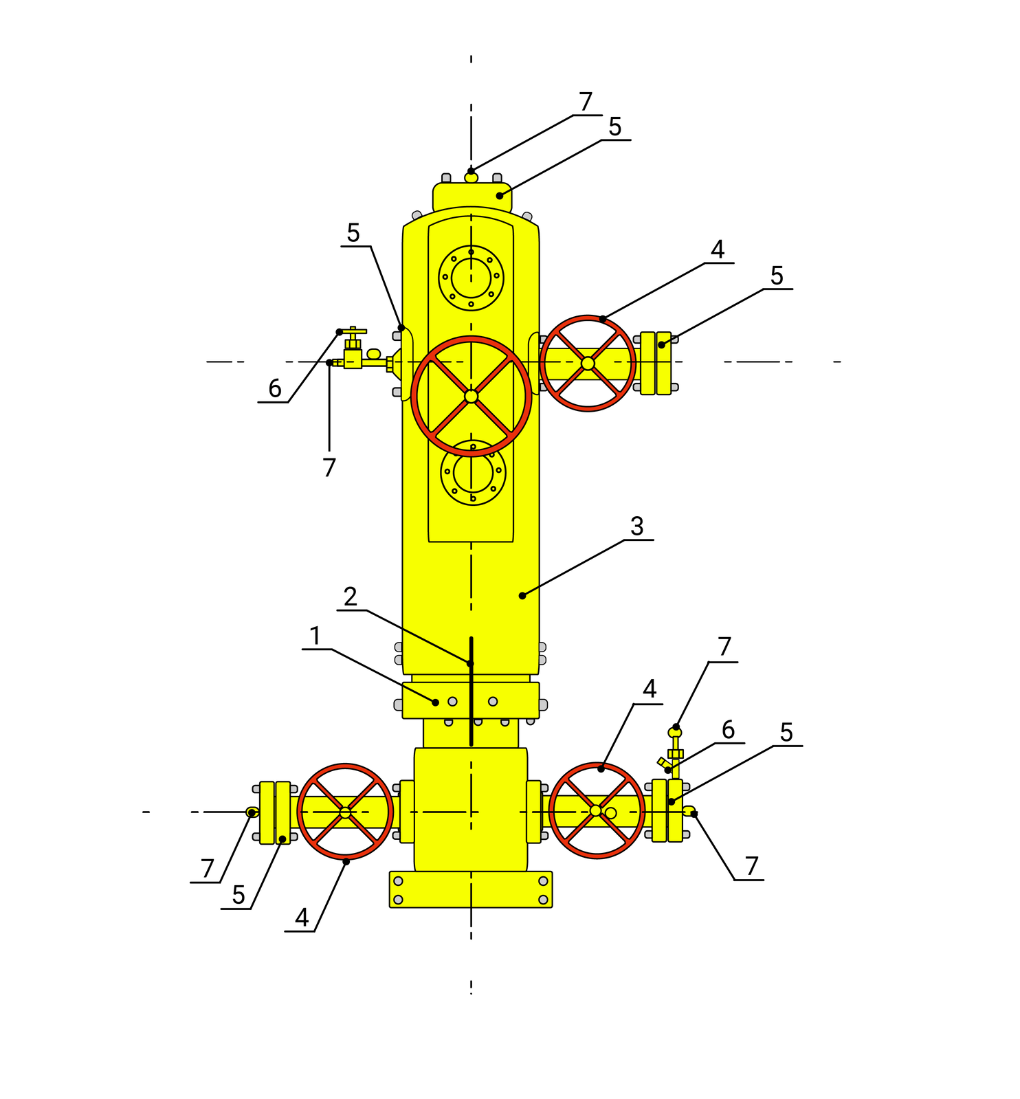 Na zdjęciu widać dwukolorowy schemat przedstawiający głowicę eksploatacyjną typu Solid Block, czyli urządzenia montowanego na szczycie odwiertu, w celu zamknięcia wylotu otworu wiertniczego, aby nie doprowadzić do niekontrolowanego ujścia węglowodorów. Na rysunku technicznym opisano poszczególne elementy urządzenia cyframi od 1 do 7. Każdej cyfrze przyporządkowany jest dokładny opis elementu, który ona wskazuje. Całość głowicy, która oznaczona jest kolorem żółtym, z zasuwami oznaczonymi kolorem czerwonym, przedstawionej na rysunku technicznym, ma kształt podłużnego prostokąta Głowica ma cztery odgałęzienia, z czego dwa duże znajdują się u dołu, natomiast jedno duże oraz jedno małe są umiejscowione w górnej części konstrukcji.Patrząc od góry schematu, pierwszym elementem jest część oznaczona numerem siódmym, co jest podpisane w legendzie jako korek, który na rzucie jest przedstawiony jako małe, żółte koło. Korek ten znajduje się na szczycie następnego elementu, oznaczonego numerem 5, który odpowiada kołnierzowi zaślepiającemu. Kołnierz ten ma kształt żółtego prostokąta o zaokrąglonych rogach, który jest w pozycji poziomej. Jego szerokość odpowiada około <60 % szerokości zespołu Solid Block. Następnym elementem jest duży, pionowo ustawiony żółty prostokąt. Prostokąt w górnej części ma zaokrąglone wierzchołki. Ta część ma przypisany numer 3, co jest opisane jako zespół Solid Block z trzema wewnętrznymi zasuwami, i jest to najdłuższy element urządzenia przedstawiony na schemacie. Na poziomie około <60 % wysokości omawianego elementu, w jego osi pionowej, znajduje się czerwony okrąg, pośrodku którego zaznaczone są czerwone poprzeczki w kształcie litery X. Dodatkowo, na wysokości około 50, a także <80 %, są umieszczone dwa pierścienie, zaznaczone konturem, a w swoim polu zawierają po 8  okręgów, ułożonych w równych odległościach. W górnej części całego elementu, znajdują się dwa odgałęzienia.Z prawej strony odchodzi żółty, poziomy prostokąt, zakończony zasuwą suwakową oraz kołnierzem zaślepiającym. Zasuwa ta jest przedstawiona jako czerwony okrąg, z czerwonym znakiem X pośrodku, a w jego centralnej części znajduje się małe, białe koło. Do tego elementu przypisany jest numer 4, który jest podpisany jako zasuwa suwakowa. W dalszej części tej odnogi, za zasuwą, znajduje się ponownie kołnierz zaślepiający, który jest przedstawiony jako dwa małe, połączone ze sobą, żółte prostokąty, ustawione w pozycji pionowej. Do tego elementu dochodzi odnośnik z numerem 5, który podpisuje dany fragment głowicy eksploatacyjnej typu Solid Block.Drugą odnogą, znajdującą się po lewej stronie u góry zespołu, jest mały, żółty stożek będący w pozycji poziomej, o ściętym szczycie, gdzie zamiast wierzchołka znajdują się trzy bardzo małe, żółte prostokąty, jeden na drugim. Środkowy prostokąt jest dwukrotnie większy niż pozostałe dwa. Do prostokątów, również w pozycji poziomej, przyłączony jest kolejny. Jego wysokość odpowiada wysokości największego z trzech mniejszych, natomiast jego szerokość to mniej więcej trzykrotność wysokości największego z najmniejszych prostokątów. Na opisanym prostokącie znajduje się żółte koło z odnośnikiem do numeru 7, co oznacza, że mamy ponownie do czynienia z kurkiem. Idąc dalej w lewą stronę, do najszerszego prostokąta dołączony jest element opisany numerem 6, który jest wytłumaczony w legendzie jako zawór iglicowy. Element ten, w całości koloru żółtego, składa się z kwadratu, który jest bezpośrednio połączony z najszerszym prostokątem. Kwadrat ten stanowi centrum całej części, natomiast po jego lewej stronie dołączone są jeszcze dwa małe prostokąty, połączone szeregowo. Na górnej krawędzi centralnego kwadratu, znajduje się ponownie zestaw trzech małych prostokątów, z których środkowy jest dwa razy większy niż dwa boczne. Prostokąty te są ustawione w pozycji pionowej, a do środkowego prostokąta, na jego górnej krawędzi przymocowane są dwa kolejne prostokąty, krzyżujące się między sobą.Następnym elementem, znajdującym się poniżej zespołu Solid Block z trzema wewnętrznymi zasuwami, jest zespół korpusu. Jest to żółty prostokąt, znajdujący się w pozycji poziomej, który jest połączony z poprzednim elementem. W jego osi symetrii znajduje się czarna, pionowa linia, do której dołączono odnośnik z numerem 2, czyli zespół wieszaka. Zespół ten zachodzi też częściowo na wcześniejszy element, czyli na zespół Solid Block z trzema wewnętrznymi zasuwami.Poniżej zespołu korpusu, połączony poprzez mniejszy, żółty prostokąt w pozycji poziomej, znajduje się żółty kwadrat, z poziomym prostokątem od spodu. W osi poziomej kwadratu znajdują się odchodzące w bok zespoły elementów. Po lewej stronie znajduje się taki sam zestaw elementów, jak prawe górne odejście przy zespole Solid Block, czyli żółty, poziomy prostokąt, zakończony zasuwą suwakową oraz kołnierzem zaślepiającym. Zasuwa ta jest przedstawiona jako czerwony okrąg, z czerwonym znakiem X pośrodku, a w jego centralnej części znajduje się małe, białe koło. Do tego elementu przypisany jest numer 4, który jest podpisany jako zasuwa suwakowa. W dalszej części tej odnogi, za zasuwą, znajduje się ponownie kołnierz zaślepiający, który jest przedstawiony jako dwa małe, połączone ze sobą, żółte prostokąty. Do tego elementu dochodzi odnośnik z numerem 5, który podpisuje dany fragment głowicy eksploatacyjnej typu Solid Block. Dodatkowo, na końcu tego odejścia znajduje się małe, żółte koło, z odnośnikiem do numeru 7, symbolizujące korek. Prawe odgałęzienie składa się z takich samych elementów, jak odgałęzienie lewe, posiadając dodatkowo zawór iglicowy, czyli element podpisany numerem 6, zakończony na górze korkiem, czyli małym kołem koloru żółtego, z odnośnikiem do numeru 7. Zawór iglicowy jest ustawiony pionowo, i składa się z czterech części: elementu dolnego w kształcie prostokąta, elementu środkowego w postaci trzech małych prostokątów, gdzie środkowy z nich jest największy, oraz elementu na górze zaworu, który również jest przedstawiony jako prostokąt. Dodatkowo, od elementu będącego dołem zaworu iglicowego, pod kątem 45° jest odgałęzienie, w kształcie małego prostokąta, na końcu którego znajduje się kwadrat.
