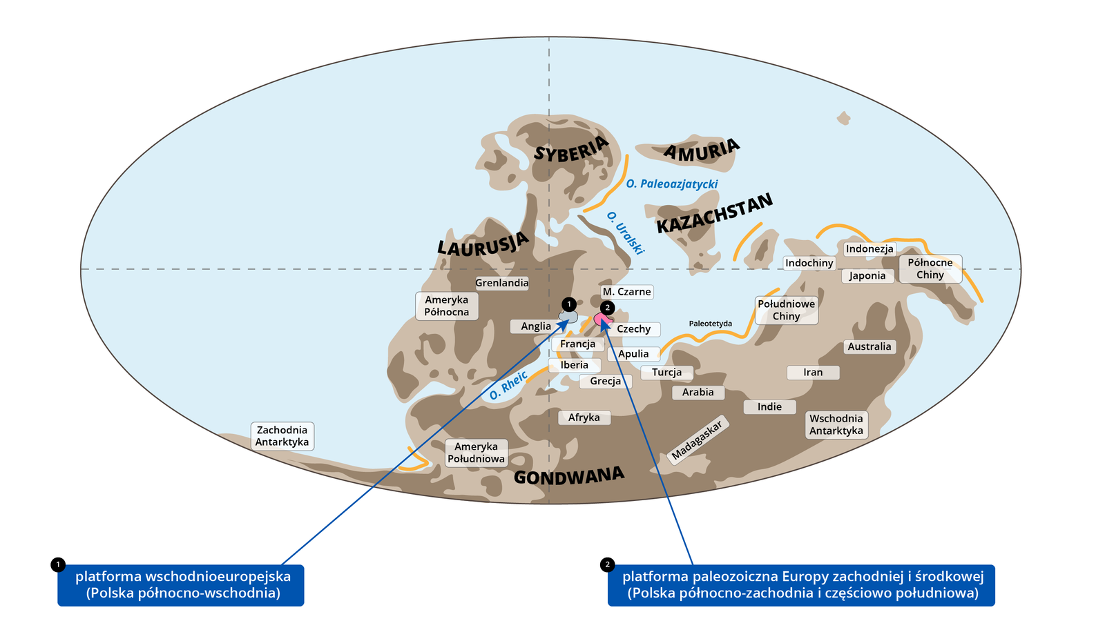 Ilustracja przedstawia owalną mapę świata prezentującą ewolucję Karpat w dewonie. Gondwana połączyła się z Laurusją, która z kolei jest połączona z Syberią. Gondwanę z resztą lądu dzieli Ocean Rheic. Na wschód od Syberii jest Amuria, a pod Amurią leży Kazachstan. W południowo-wschodniej części Laurusji, obok Anglii, zaznaczono platformę wschodnioeuropejską (Polska północno-wschodnia). Powyżej Czech wyróżniono platformę paleozoiczną Europy zachodniej i środkowej (Polska północno-wschodnia i częściowo południowa). 