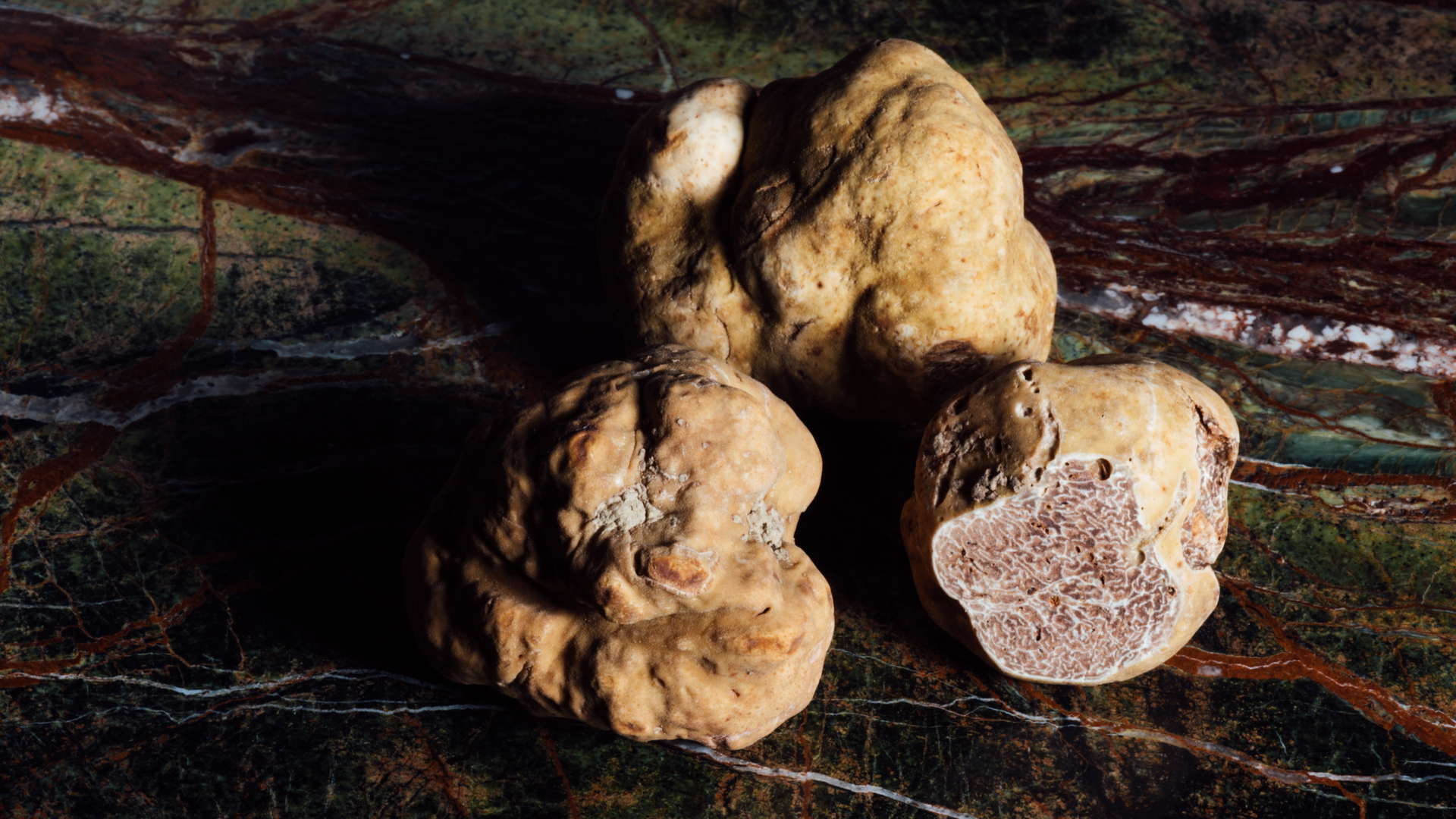 Zdjęcie przedstawia trzy białe trufle leżące na kamiennym, ciemnym blacie. Trufle mają nieforemny, nieco kulisty kształt. Ich powierzchnia jest chropowata i pełna nierówności.  Jedna z trufli jest przekrojona, dzięki czemu możemy zaobserwować jej ciemniejszy od skórki przekrój wypełniony jasnymi żyłkami.