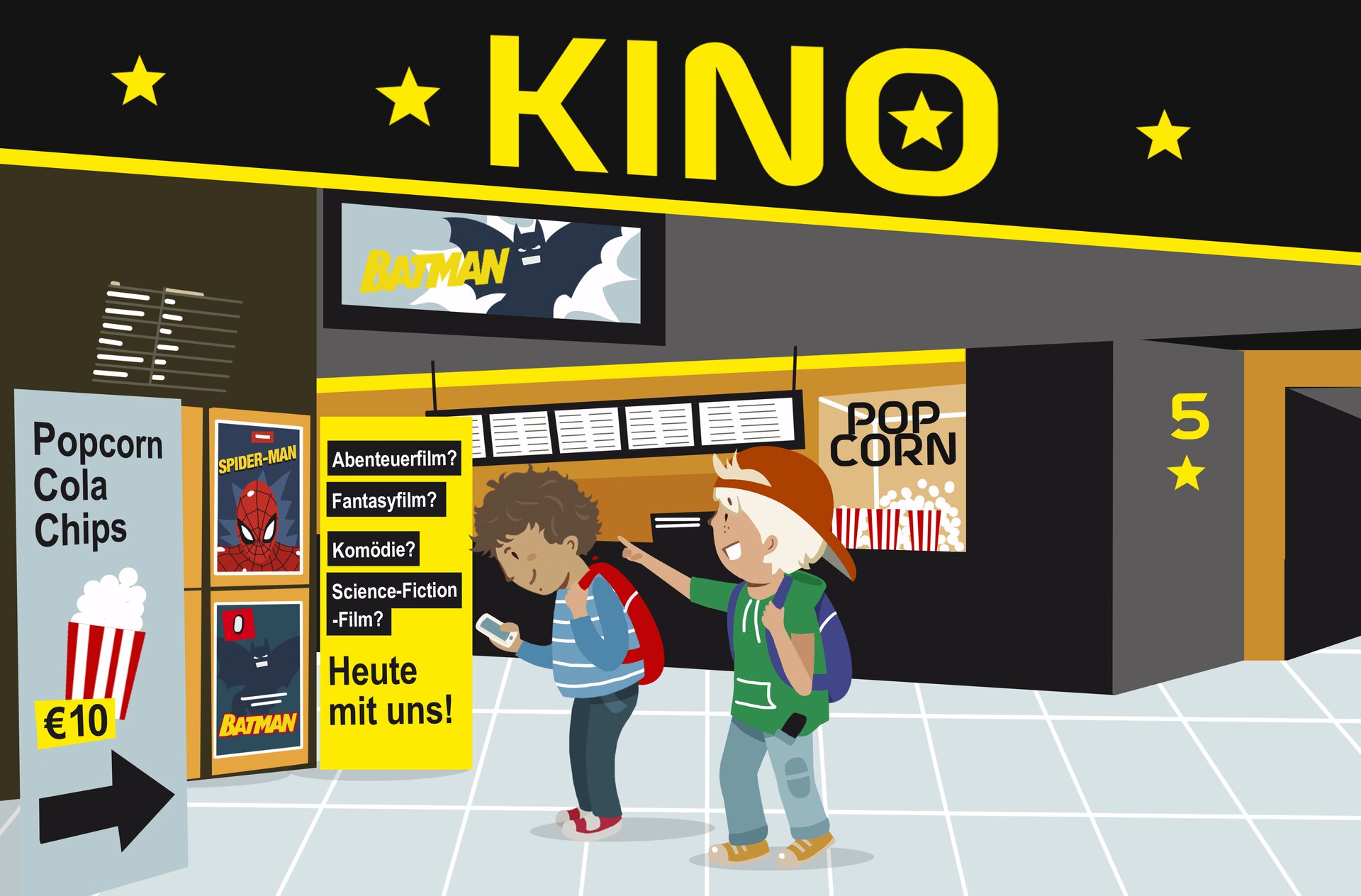 Ilustracja przedstawia dwóch chłopców wchodzących do budynku z napisem KINO. Przy wejściu stoi automat z popcornem i napojami, na ścianach wiszą plakaty reklamujące różne filmy.