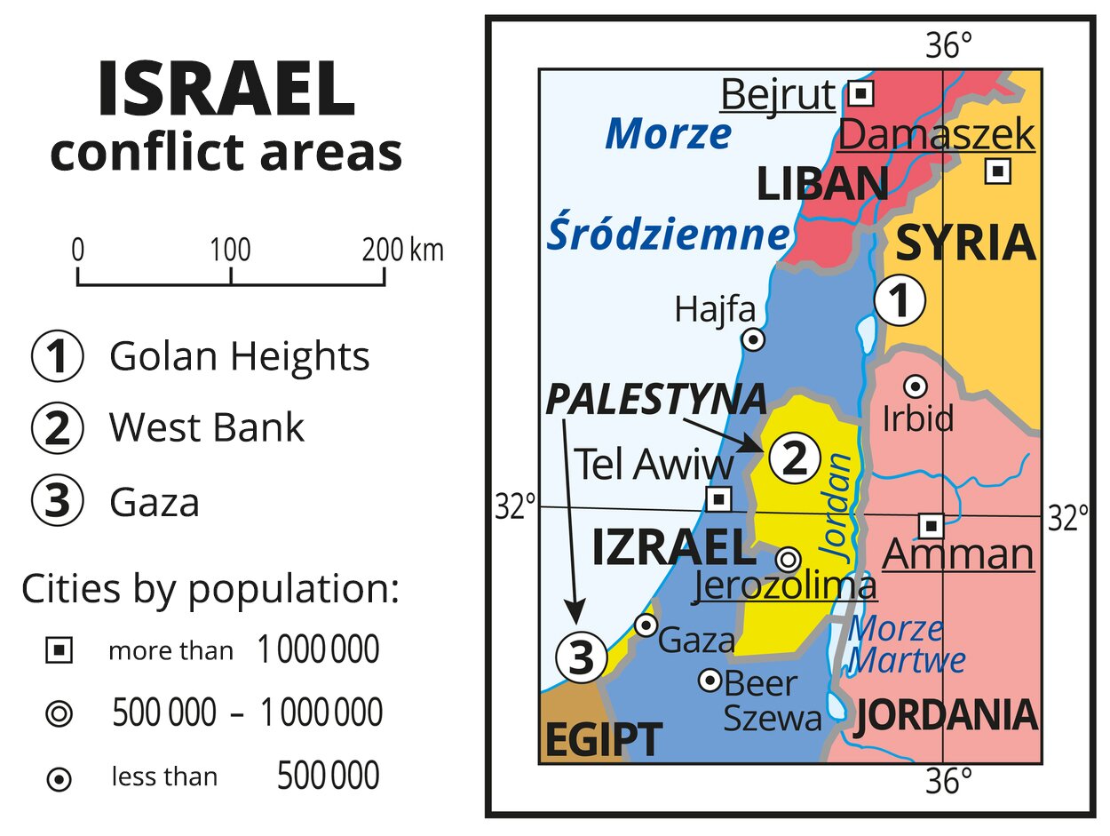 Ilustracja przedstawia obszary objęte konfliktami w rejonie Izraela, Israel conflict areas. Oznaczono konflikty w rejonie Wzgórza Golan, Golan Heights, Zachodniego Brzegu Jordanu, West Bank i Strefy Gazy, Gaza. Na mapie oznaczone są państwa - Liban, Syria, Izrael, Jordania, Egipt oraz ważne miasta w regionie - Beer Szewa, Gaza, Irbid, Gaza, Jerozolima, Bejrut, Damaszek. Mapa pokryta jest równoleżnikami i południkami. 