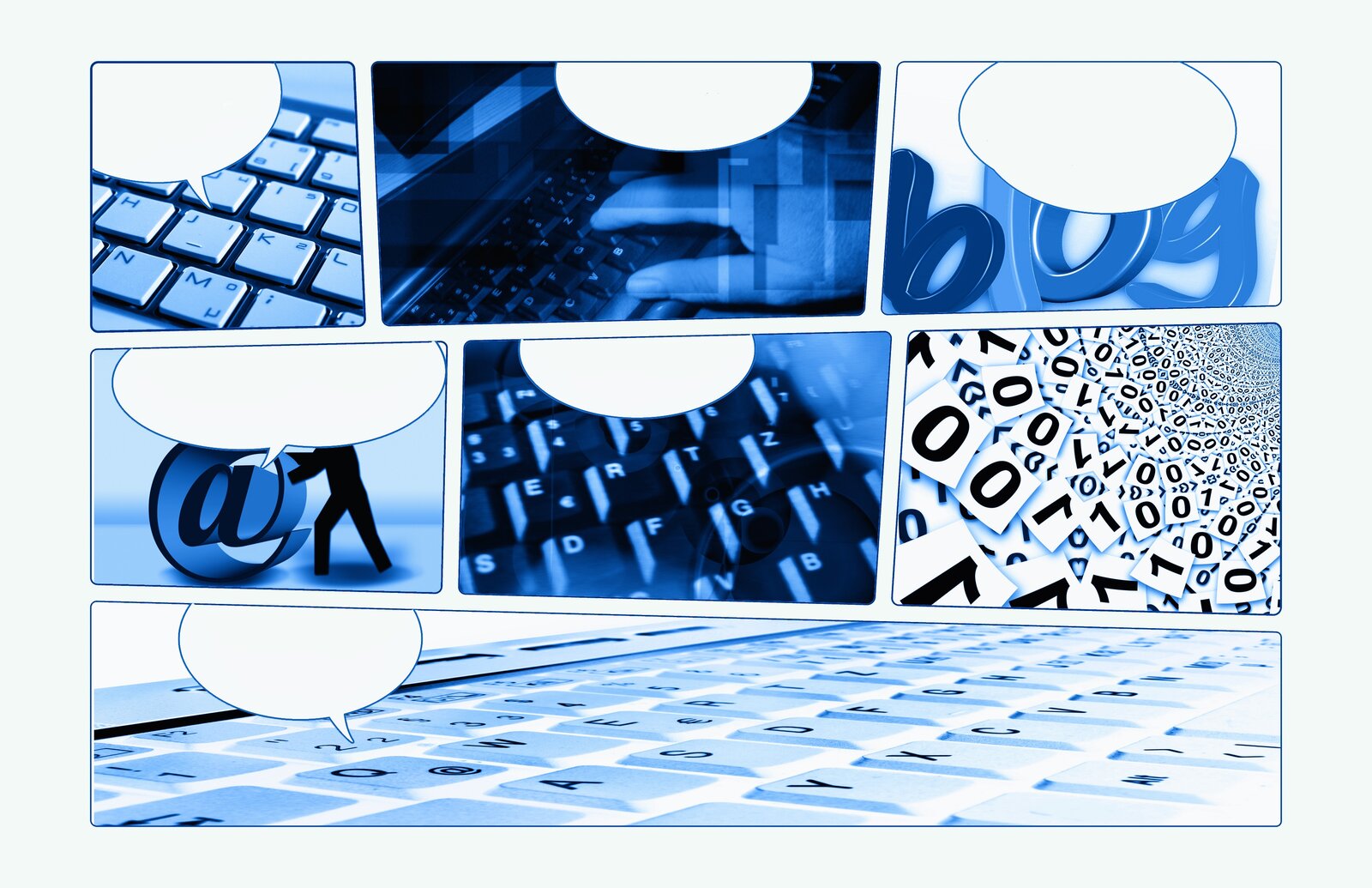 Ilustracja wygląda jak komiks z pustymi dymkami. W lewym górnym rogu znajduje się obrazek z fragmentem klawiatury komputerowej. Nad klawiaturą jest umieszczony biały dymek. Obrazek obok przedstawia czarną klawiaturę. Jest widoczna ręka, której palce są ułożone na klawiszach. Nad ręką został umieszczony biały dymek. Obok znajduje się obrazek ukazujący napis "blog" na białym tle. Litery: l, o, g przysłania biały dymek. W drugim rzędzie, na obrazku po lewej stronie czarny ludzik toczy znak pisarski małpa, który jest wykorzystywany w adresach poczty elektronicznej. Głowę postaci i fragment znaczka zasłania biały dymek. Na obrazku obok została umieszczona czarna klawiatura komputerowa. Nad nią widnieje fragment białego dymku. Po prawej stronie znajduje się obrazek z karteczkami z zapisanymi cyframi, które są ułożone w kole. Widać fragment koła. Na dole został umieszczony prostokątny obrazek przedstawiający białą klawiaturę. Nad klawiszem z cyfrą 2 jest umieszczony biały dymek.