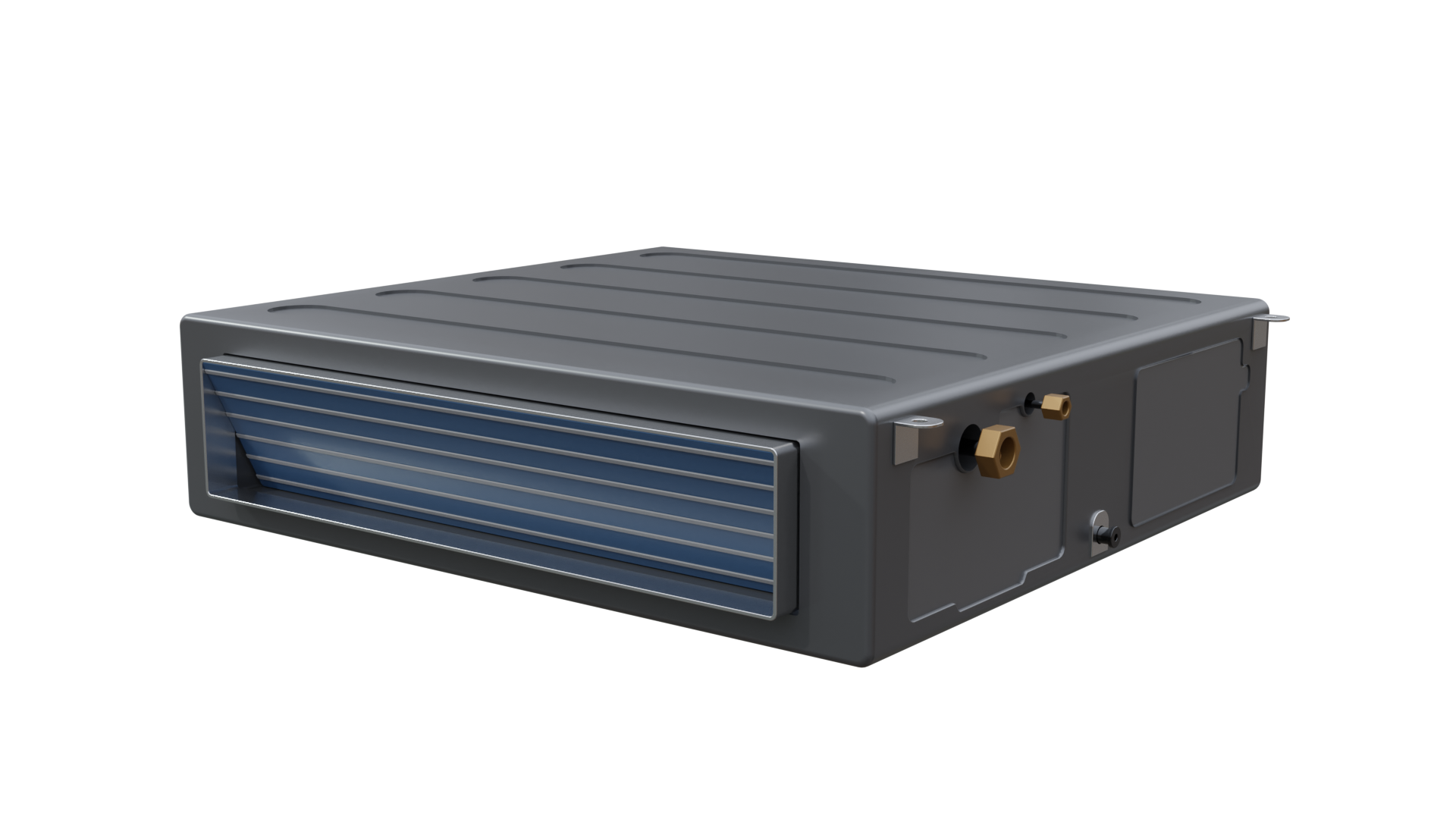 Grafika przedstawia klimatyzator kanałowy. Urządzenie ma kształt obudowy w formie płaskiego prostopadłościanu. W części frontowej znajduje się podłużna kratka wentylacyjna, które umożliwia wylot i pobieranie powietrza z pomieszczenia.