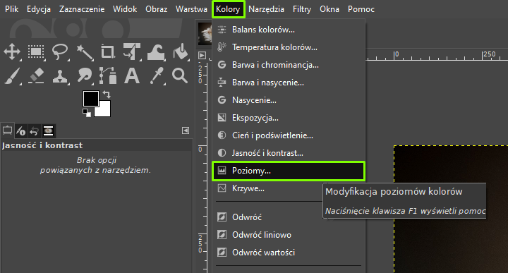 Ilustracja przedstawia okno programu. Z menu wybrano opcję: Kolory. Z listy wybrano Poziomy. Obok informacja: Modyfikacja poziomów kolorów. Naciśnięcie klawisza F1 wyświetli pomoc. Po lewej stronie okna jest panel dotyczący jasności i kontrastu.   