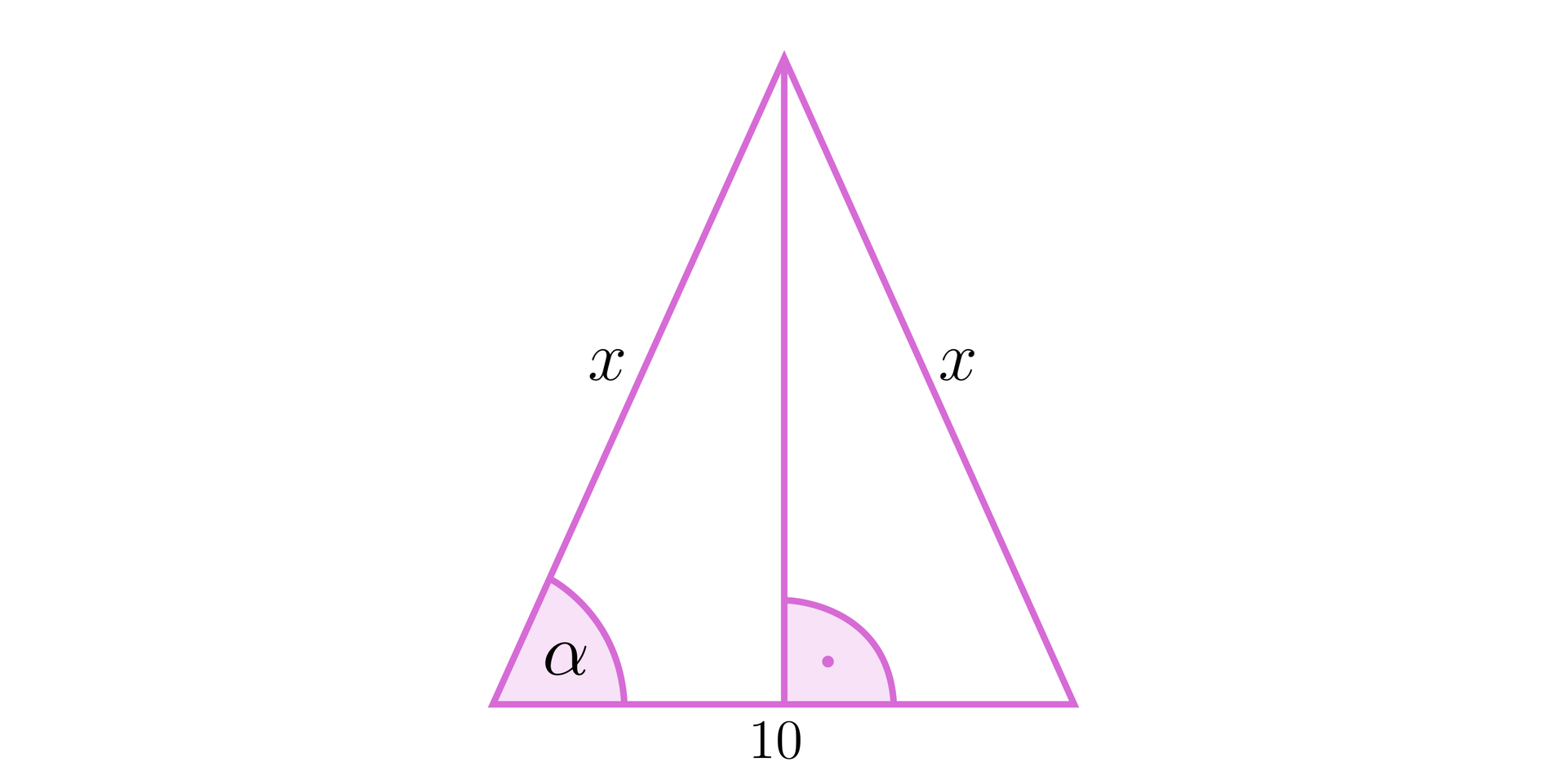 Ilustracja przedstawia trójkąt równoramienny. Oba ramiona trójkąta są podpisane literą x. Podstawa trójkąta ma długość 10. Kąt pomiędzy podstawą a ramieniem jest podpisany jako alfa. W trójkącie zaznaczona została jego wysokość, która jest pod kątem prostym do podstawy.
