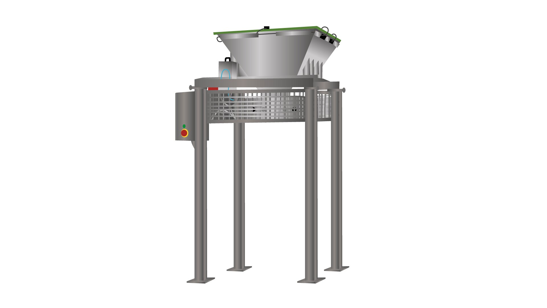 Grafika przedstawia lej spustowy do ciasta. U góry widoczny jest lej ustawiony na prostopadłościennej ażurowej podstawie, która znajduje się na stelażu z czterema wysokimi nogami zakończonymi kwadratowymi podstawami. Po lewej stronie widoczny jest prostokątny element z przyciskiem.