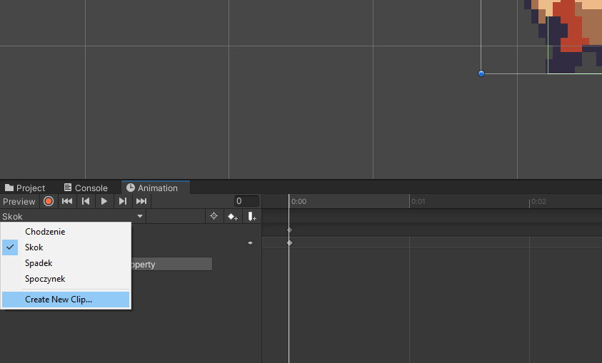 Zrzut ekranu przedstawia grafikę lisa w programie Unity. Wokół centralnej części programu są różne opcje, ikonki, przyciski do edytowania lisa. Na dole po lewej znajduje się menu kontekstowe, z którego wybrano Create New Clip…