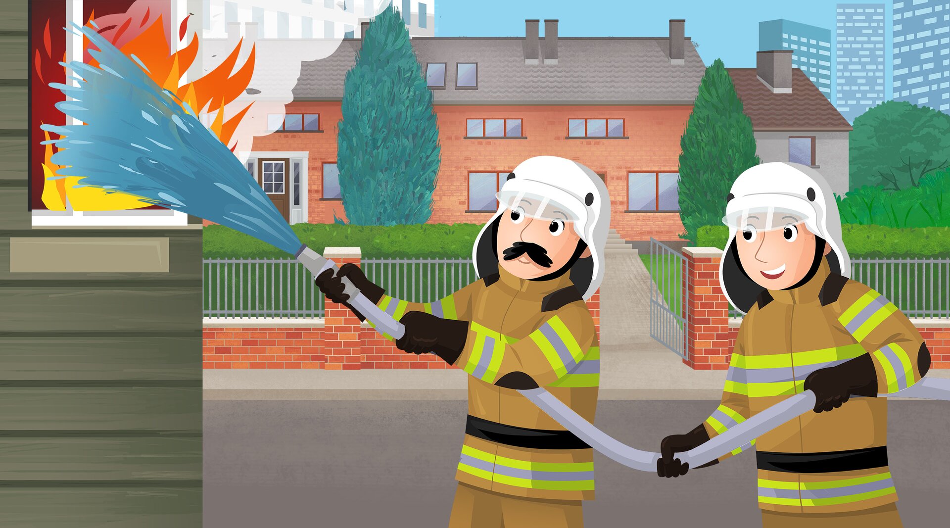Na ilustracji znajduje się dwóch strażaków, którzy gaszą pożar budynku.