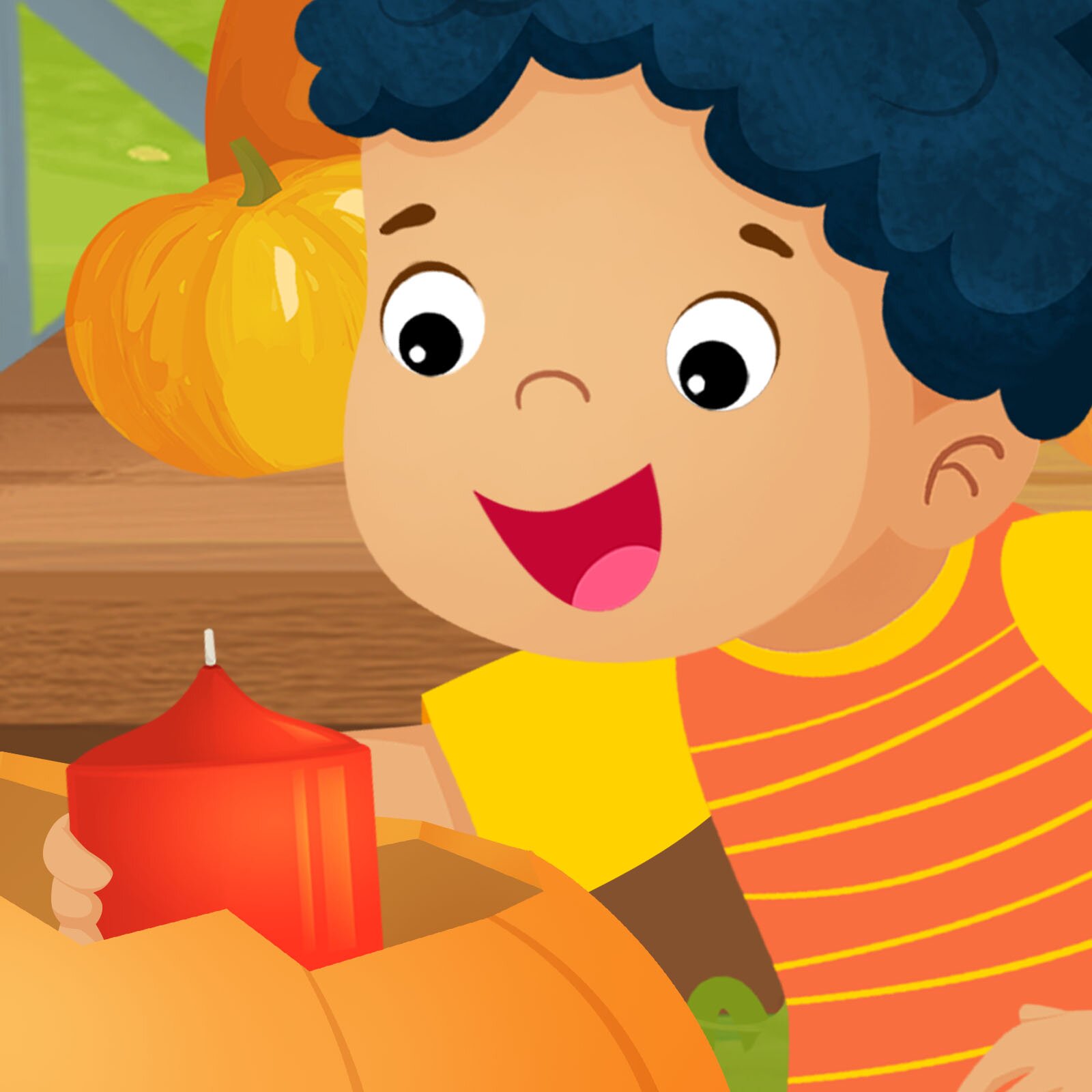 Ilustracja przedstawia szczęśliwego chłopca wkładającego czerwoną świecę do dyni. 