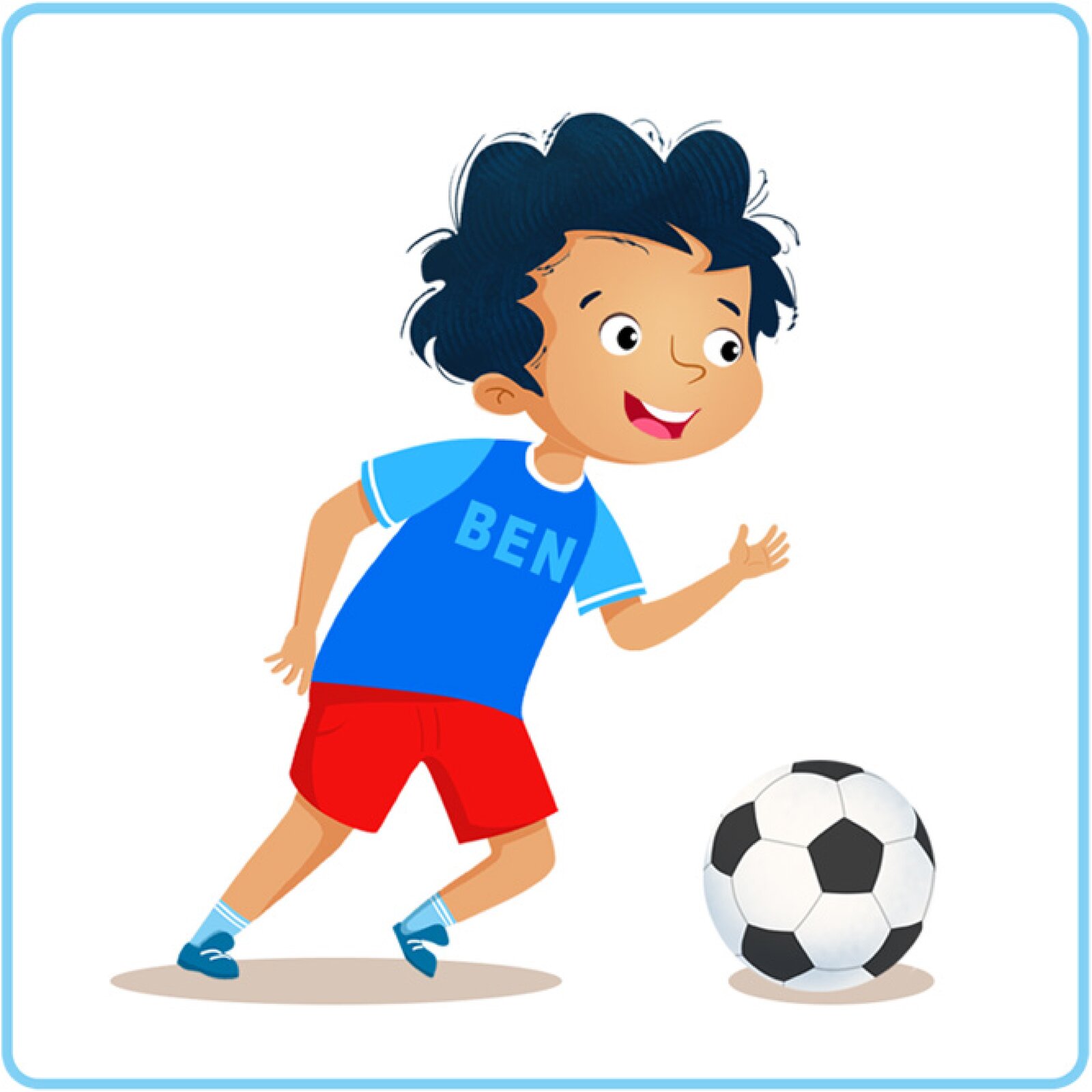 Ilustracja przedstawia Bena w stroju sportowym biegnącego za piłką.