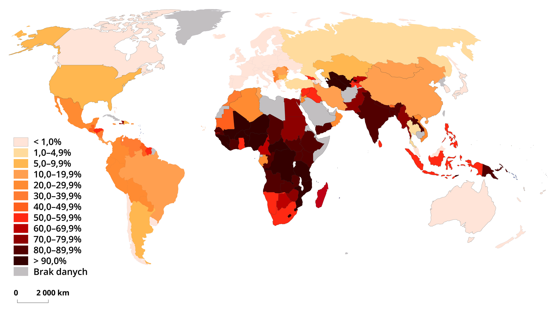 Na mapie świata zaznaczono odsetek osób żyjących poniżej granicy ubóstwa w poszczególnych państwach. Powyżej 90%: Uzbekistan, Turkmenistan, Lesotho, Suazi, Mozambik, Tanzania, Demokratyczna Republika Konga, Republika Środkowoafrykańska, Nigeria, Niger, Mali, Gwinea, Gwinea Bissau, Sierra Leone, Liberia. Od 80 do 89,9%: Indie, Laos, Papua-Nowa Gwinea, Senegal, Wybrzeże Kości Słoniowej, Czad, Angola, Zambia, Etiopia, Sudan Południowy, Kenia, Jemen. W kolejnych przedziałach odsetka osób żyjących poniżej granicy ubóstwa dominuje Afryka. Najniższy odsetek w przypadku Afryki - od 20 do 29,9% - dotyczy Algierii i Gabonu. Poza Afryką niski odsetek 50-59,9% dotyczy między innymi Iraku, Syrii, Tadżykistanu, Indonezji, Sri Lanki, Gruzji, Hondurasu, Surinamu. Najniższy odsetek - poniżej 1% - dotyczy Kanady,  Chile, większości krajów Europy, Japonii, Malezji, Australii.     