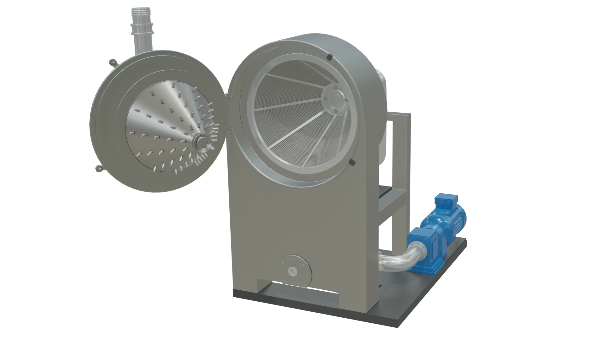 Na zdjęciu znajduje się kolorowy model wirówki sitowej. Wirówka sitowa jest to urządzenie pozwalające na odwadnianie produktów wzbogacania węgla kamiennego. Wykorzystanie tych urządzeń w obiegu wodno‑mułowym uzależnione jest od rodzaju odwadnianego materiału i zdeterminowane głównie wielkością odwadnianych ziaren. W wirówkach sitowych rozdzielanie fazy stałej od ciekłej odbywa się na przegrodzie filtracyjnej. Ruchomy kosz sitowy i wirnik obracają się w tym samym kierunku, lecz z różną prędkością, wskutek czego materiał znajdujący się w pierścieniowo‑stożkowej przestrzeni pomiędzy koszem i wirnikiem zostaje poddany działaniu siły odśrodkowej. Wirówki sitowe mogą być pionowe lub poziome oraz o działaniu ciągłym lub okresowym. Wirówka sitowa wykorzystywana jest do odwadniania koncentratowych miałów węglowych otrzymanych w procesach wzbogacania w osadzarkach miałowych. Wielkość odwadnianych ziaren w takiej wirówce wynosi poniżej <math aria‑label="dwudziestu milimetrów">20 mm. Wirówka składa się z osadzonego w pionowo usytuowanej ramie pierścienia. W którym zamontowany jest stożkowaty element połączony z wałem. Poniżej wału znajduje się napęd. Stanowi go silnik elektryczny napędzający wał wirówki. Poniżej silnika po prawej stronie pod stożkiem znajduje się pompa. Pompa umożliwia odprowadzenie filtratu z wirówki. Wspomniany poziomo usytuowany wał wirówki jest połączony ze stożkowatą komorą wirówki. Komora to inaczej bęben wirówki wraz koszem. Kosz również ma również stożkowaty kształt i obraca się. Różnica w prędkościach obrotu kosza i wirnika powoduje oddzielenie filtratu od doprowadzonego do wirówki materiału na skutek działania siły odśrodkowej. Bęben posiada pokrywę zamykającą go od strony pierścieniowej. Pokrywa również ma kształt stożkowaty z wypustkami. W pokrywie zamontowany jest rurociąg doprowadzający zawiesinę do wirówki. Nadawa doprowadzana jest centralnie w osi bębna wirówki. 
